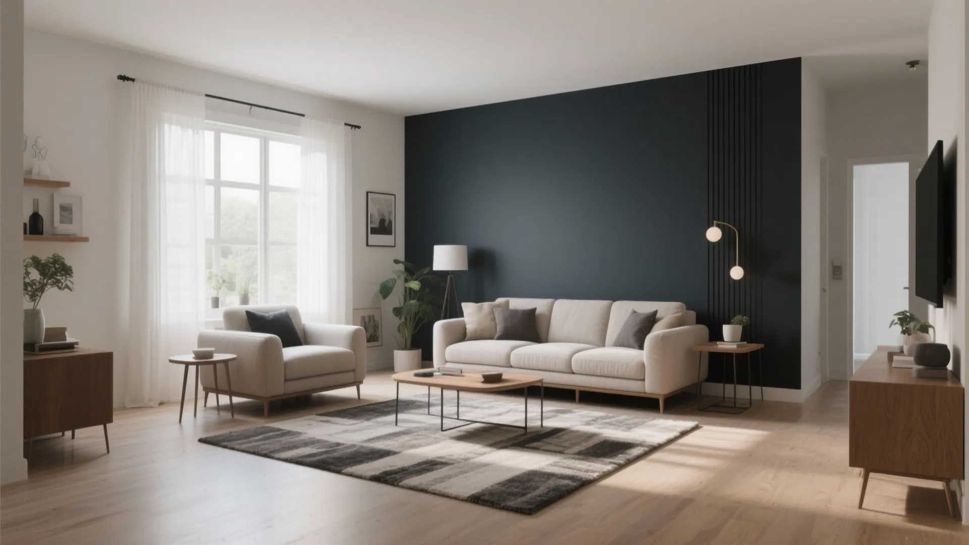 Spacious living room featuring dark blue wall white sofa wooden floor and natural light from window