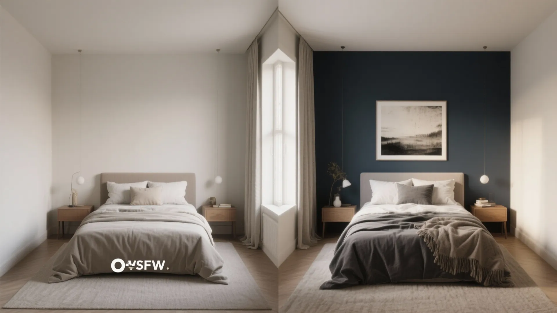 Comparison of a bedroom with white walls and a bedroom with a dark blue wall
