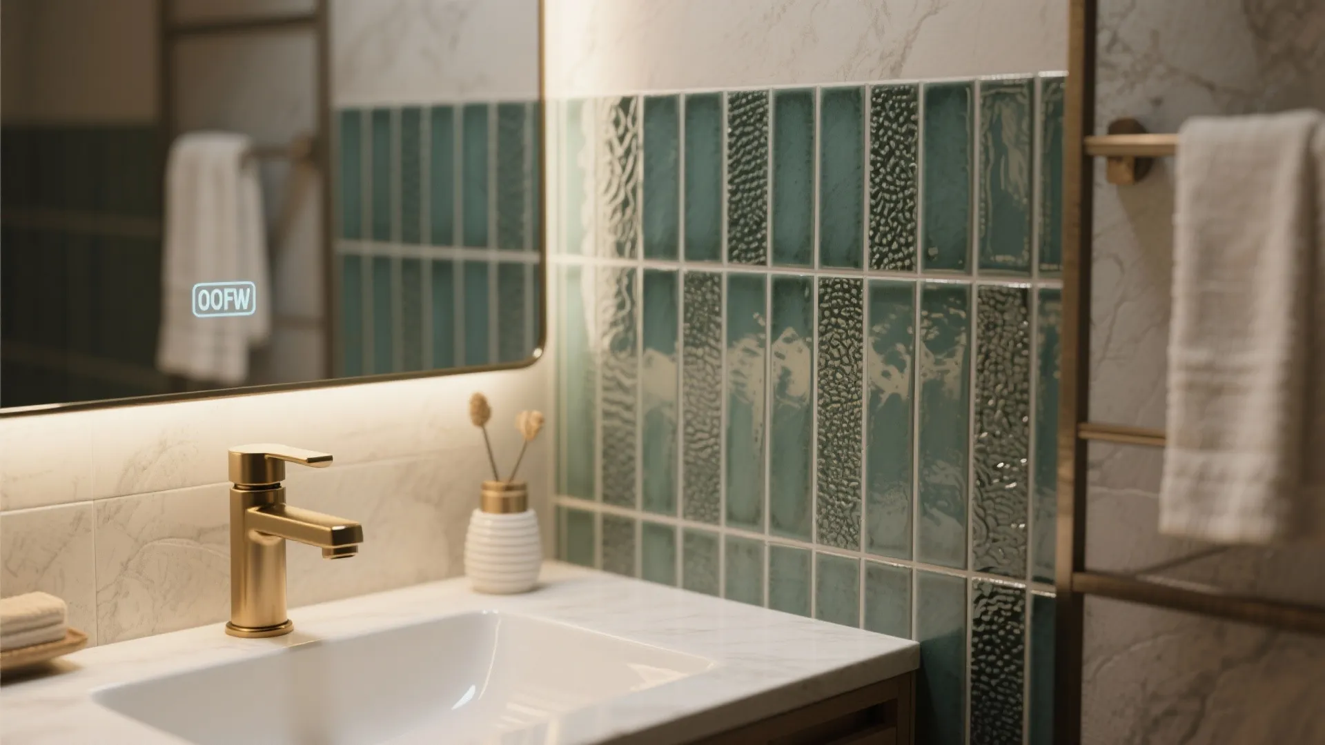 Close up of gold water tap and white sink with green tile wall and large mirror