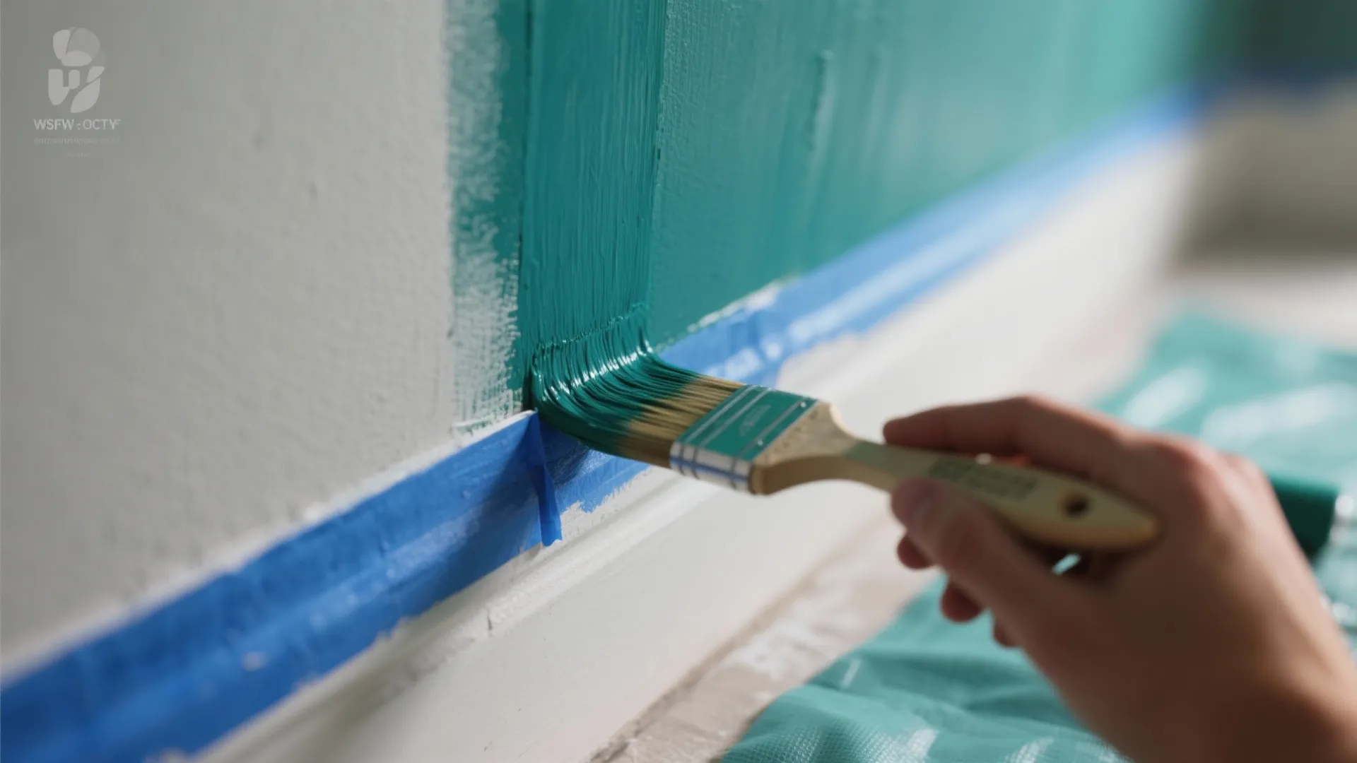 A person using a brush to paint a wall green next to blue painters tape