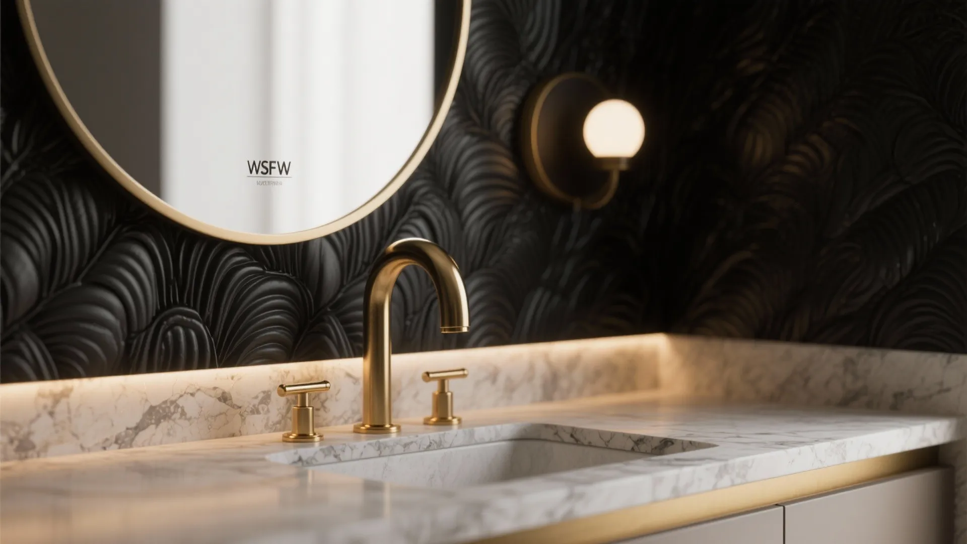 Close-up of matte black wallpaper behind a vanity with brass tap and stone countertop.