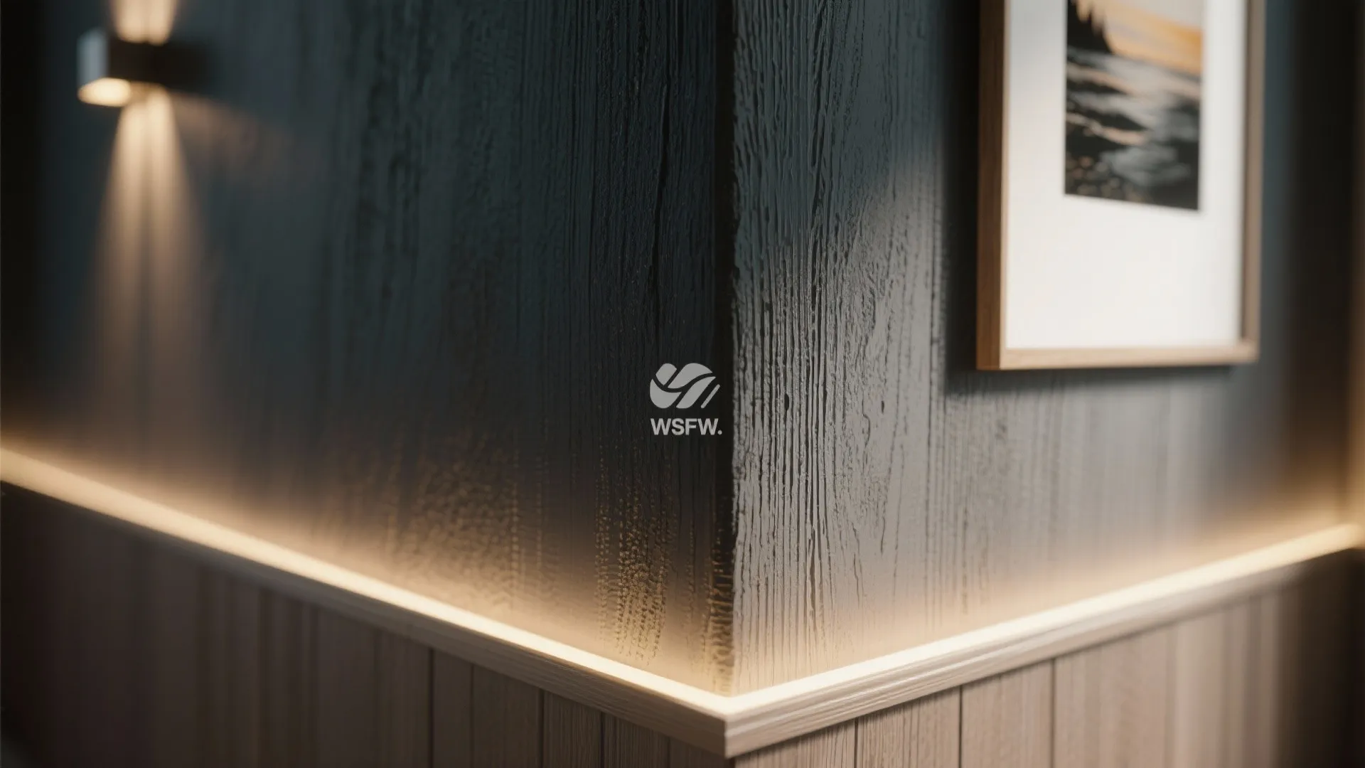 Macro detail of matte dark paint texture and trim edge on a hallway accent wall with warm light.