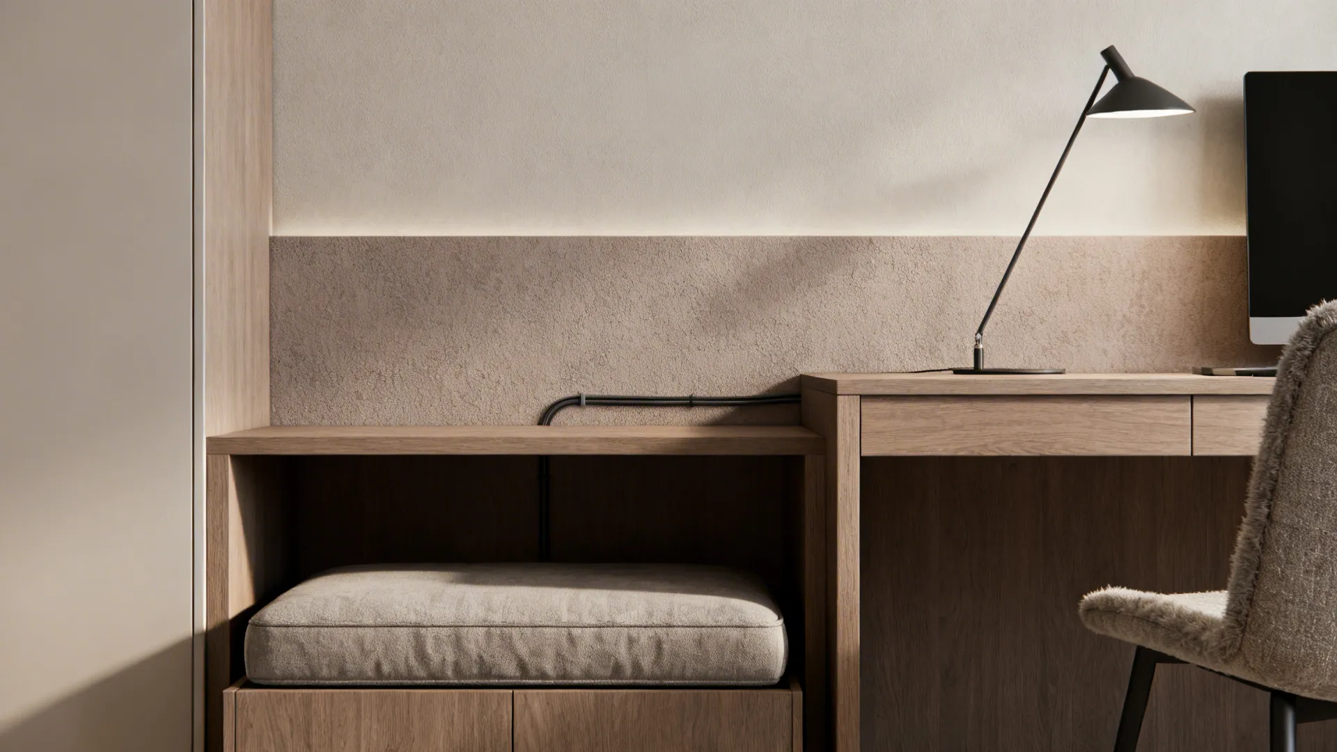 Tonal accent wall behind a compact desk with cable channel and ottoman storage visible.