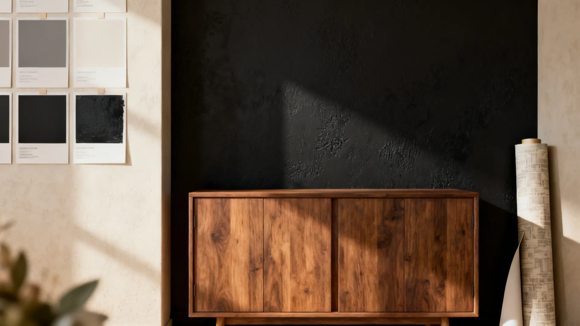 Dark textured accent wall behind a wooden cabinet with paint samples and a wallpaper roll