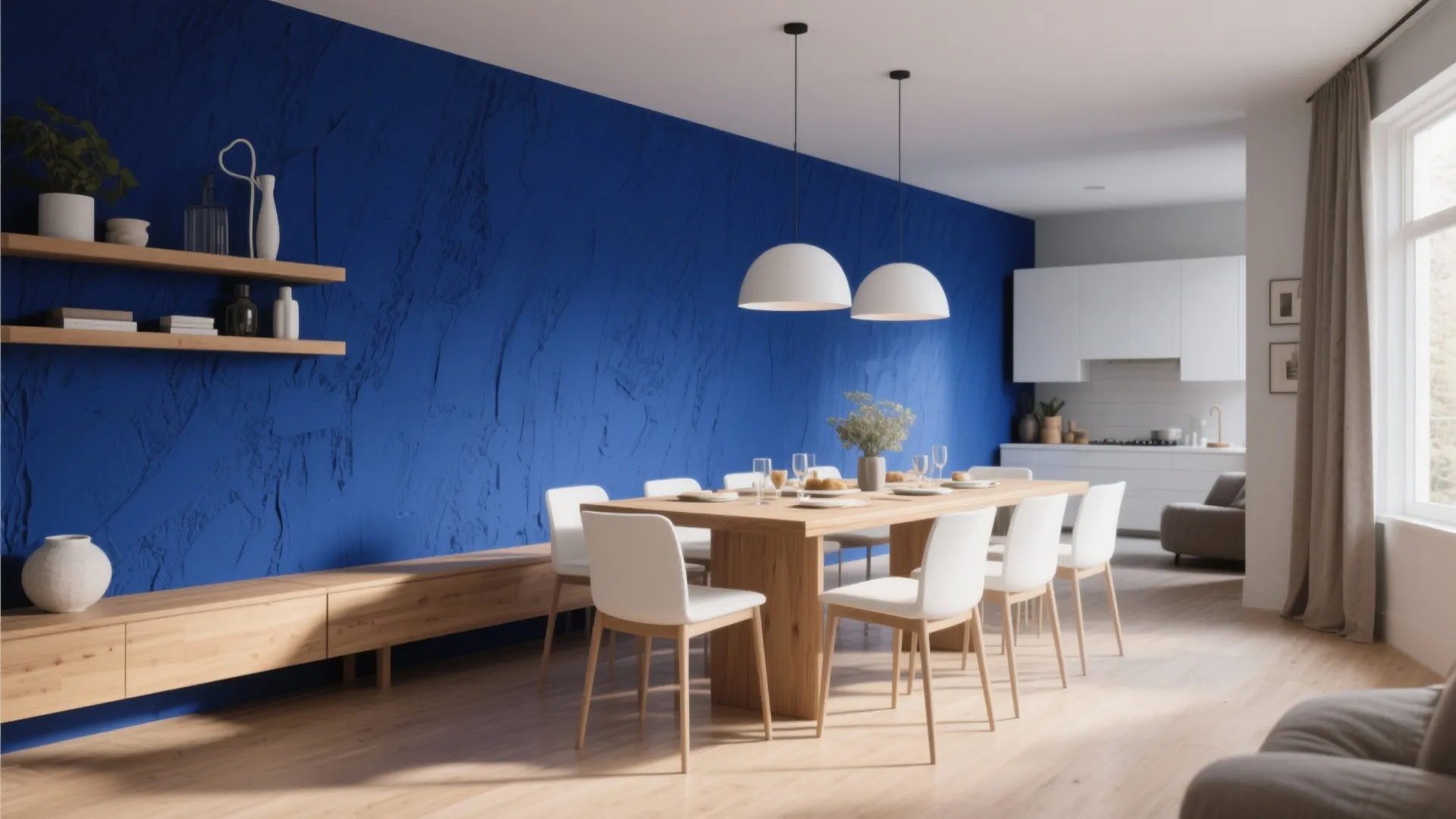Dining room with blue textured wall wooden table white chairs white ceiling lights and kitchen