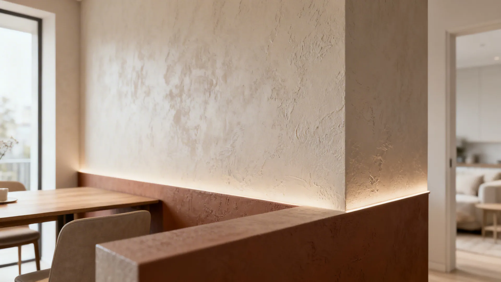 Slightly darker accent wall making the dining nook feel intimate next to an airy living area