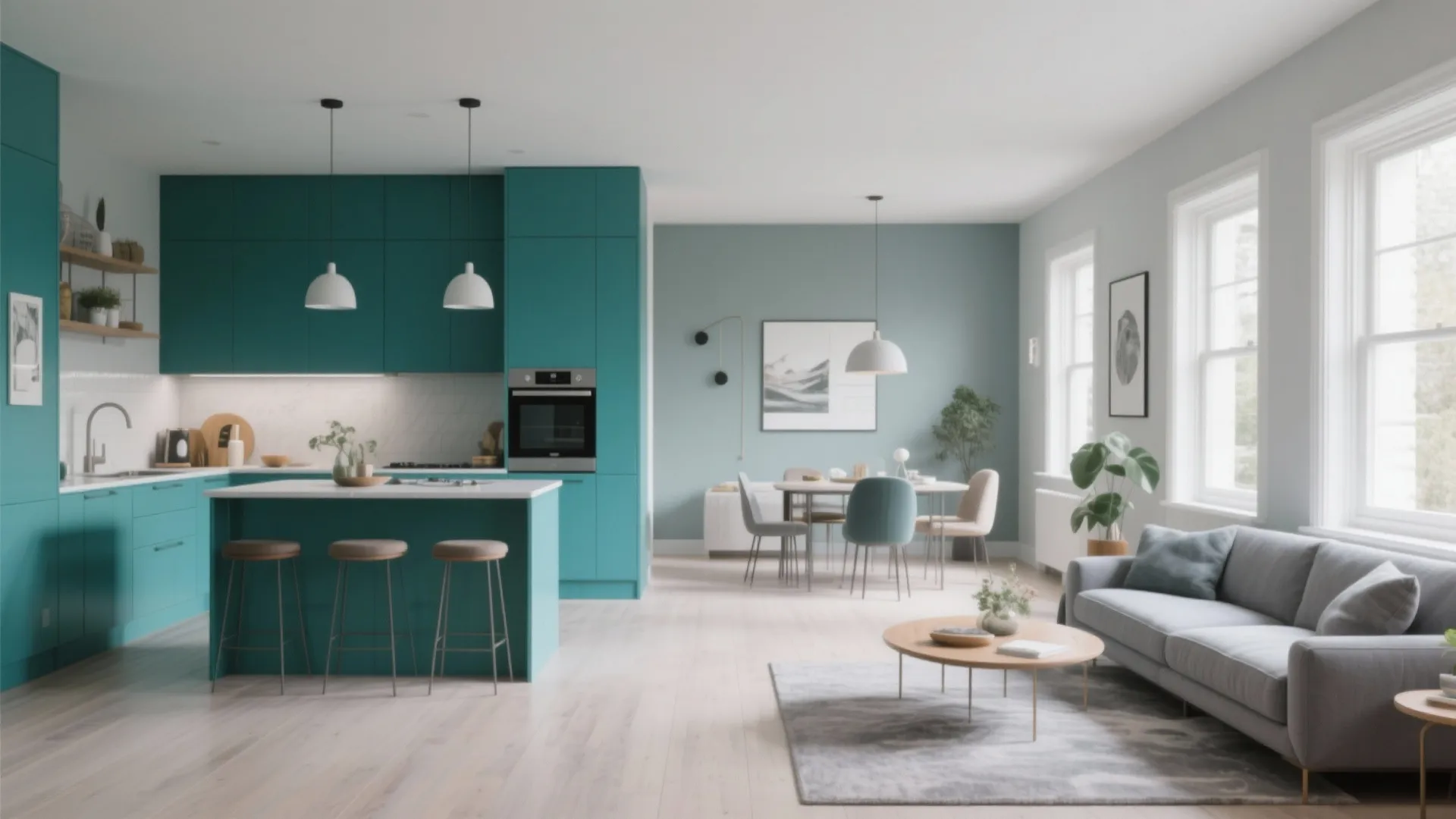 Kitchen with teal wall and living area in soft grey