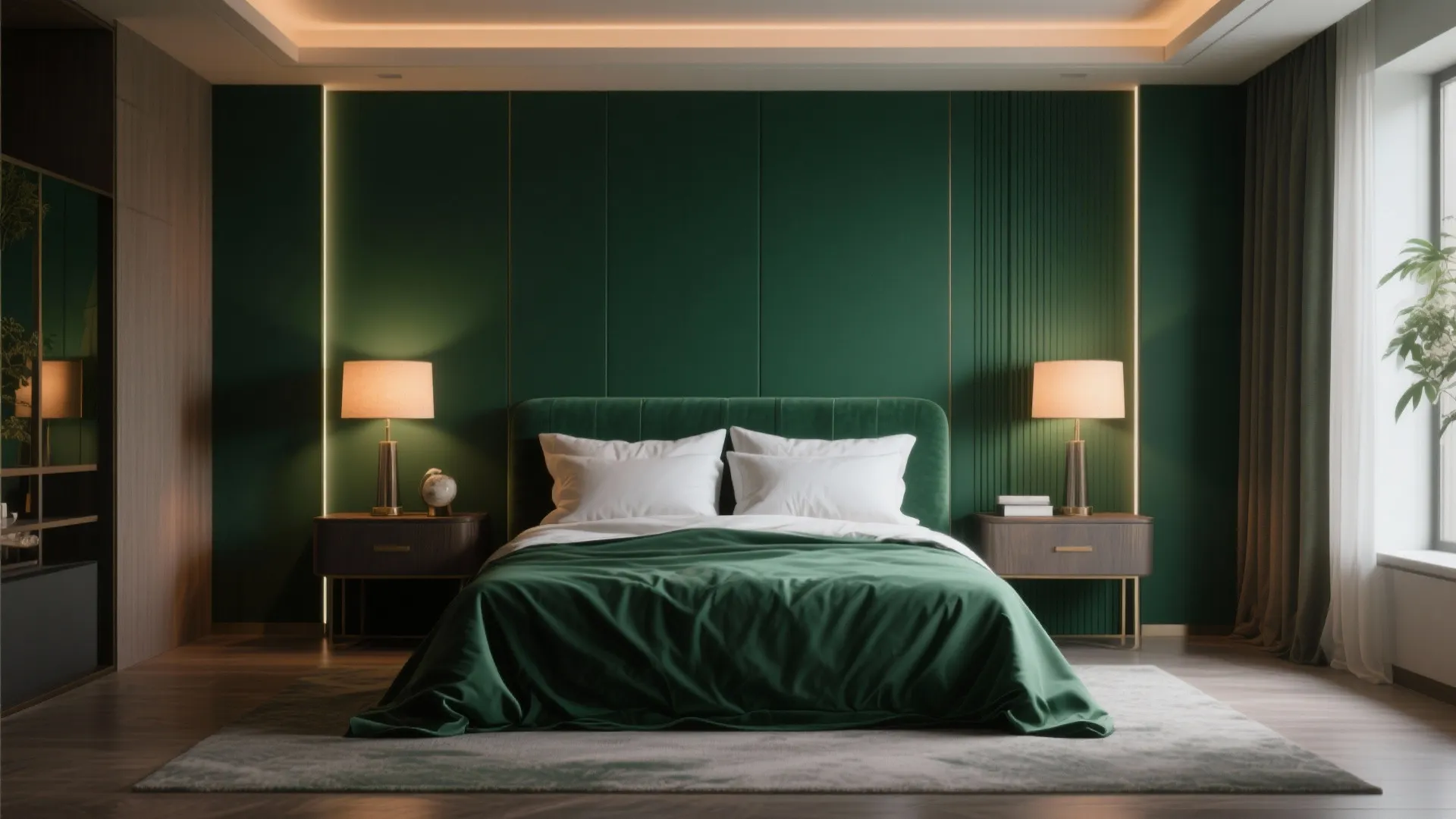 Luxury bedroom with dark green wall panel gold accents table lights and green velvet bedding set