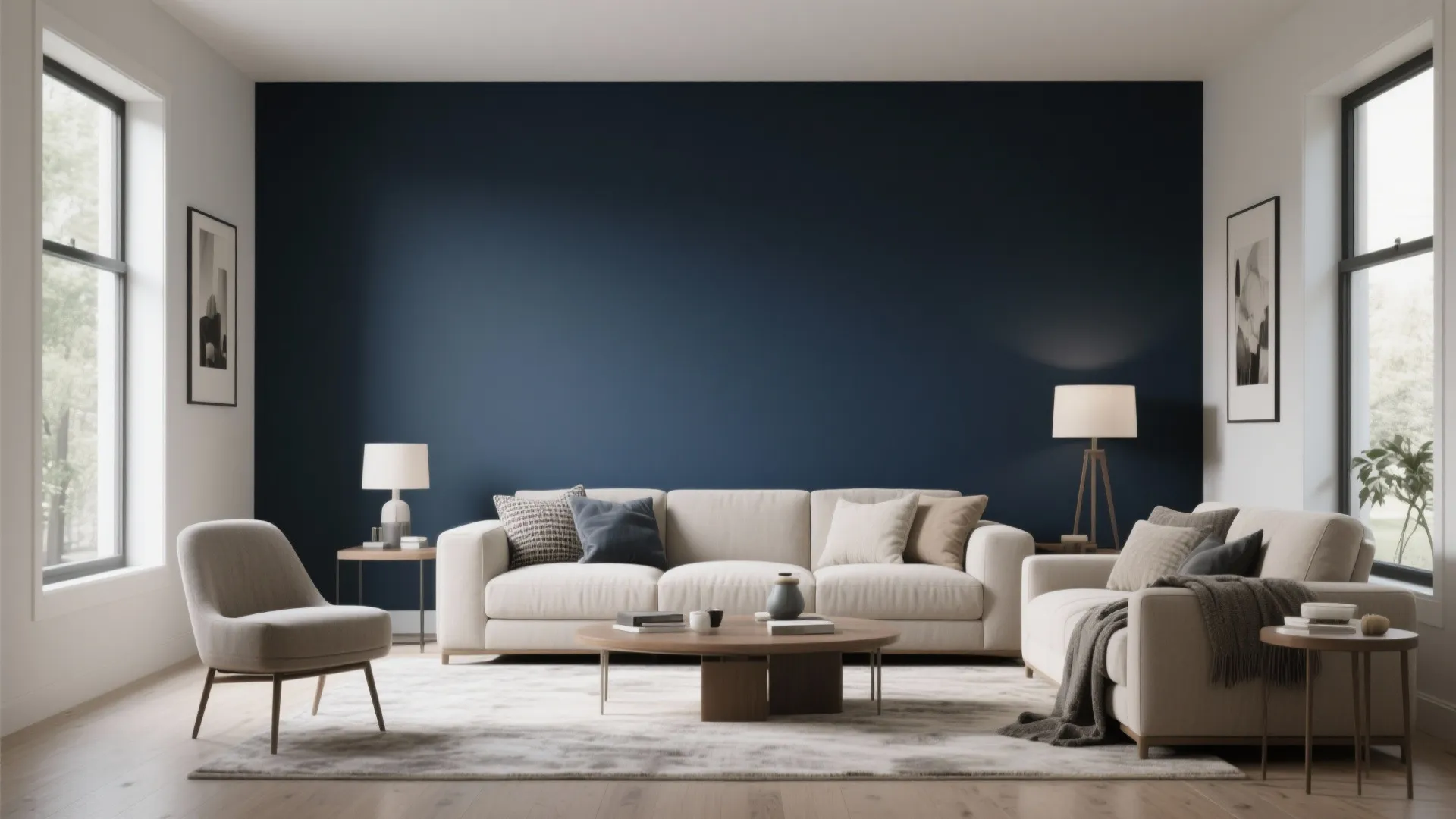 Modern living room with dark blue wall cream sofa wooden coffee table and floor lamps