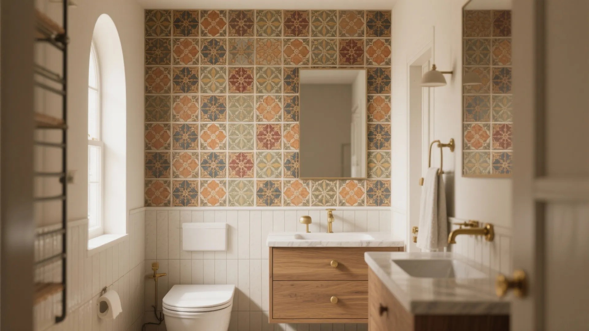 Bathroom with colorful pattern wall panel wooden cabinet white toilet and gold color light fixture