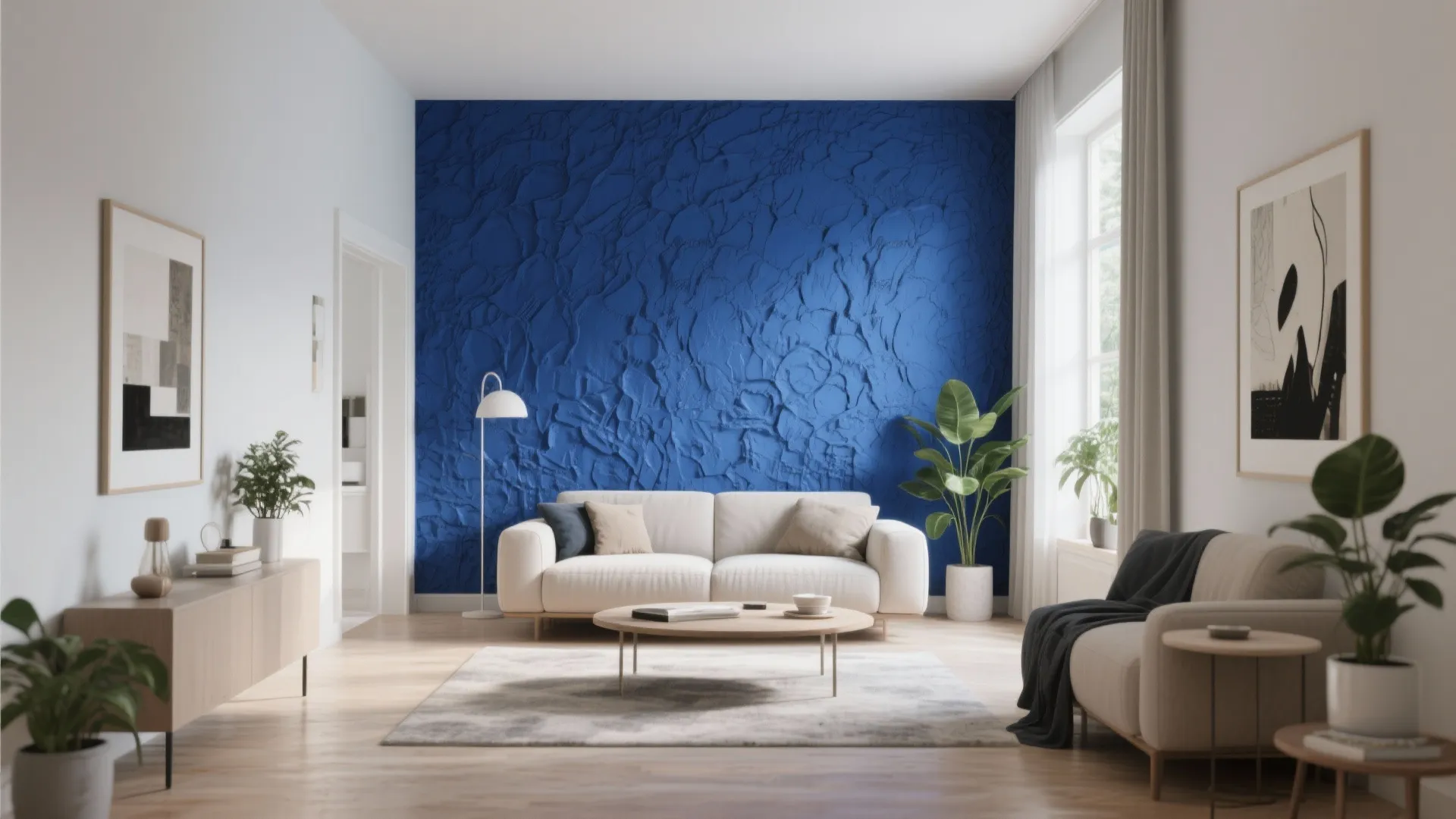 Bright living room featuring a textured blue wall cream sofa wooden cabinet and green plants