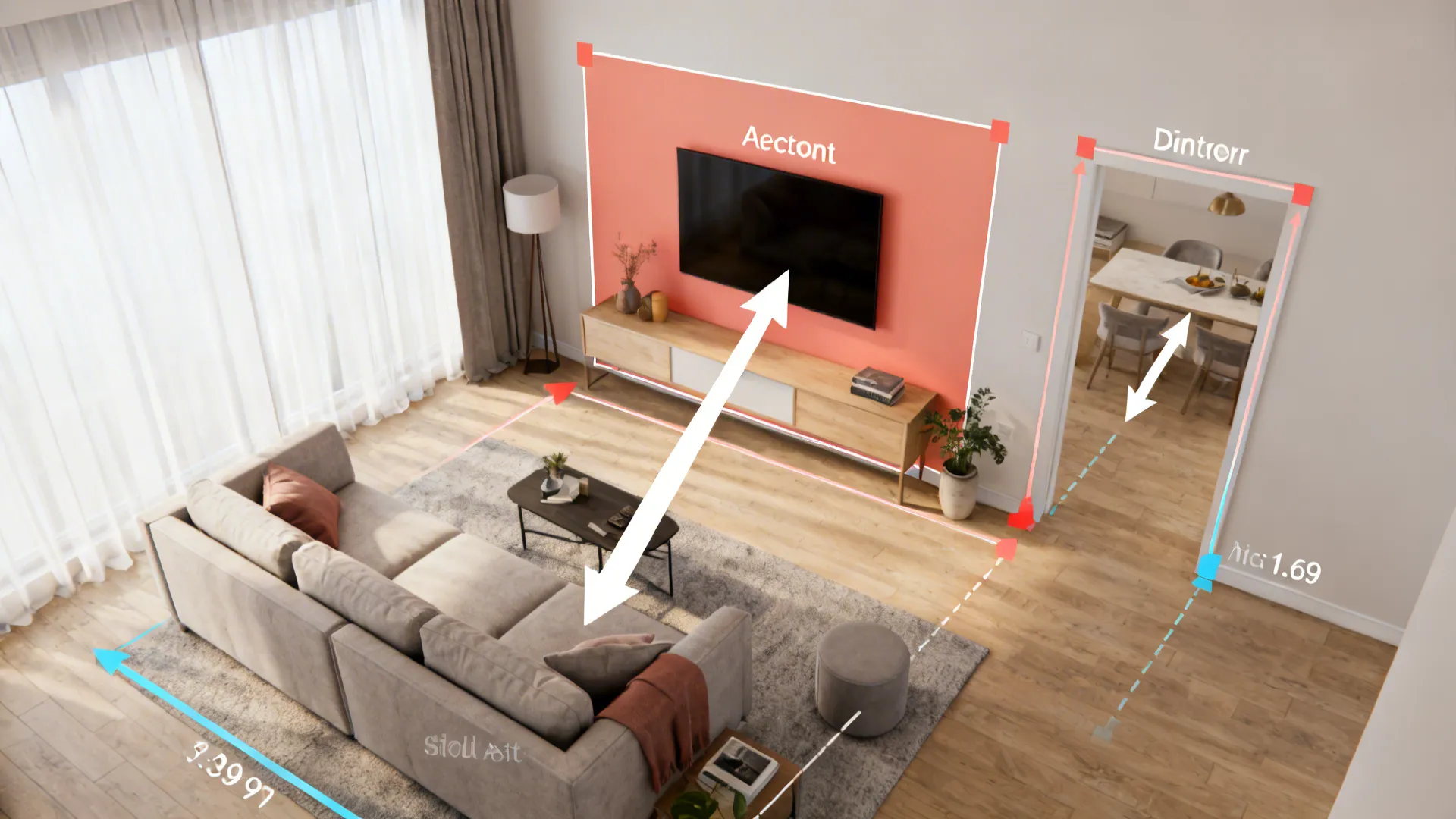 Interior design drawing showing room layout measurements between sofa and a red wall with television