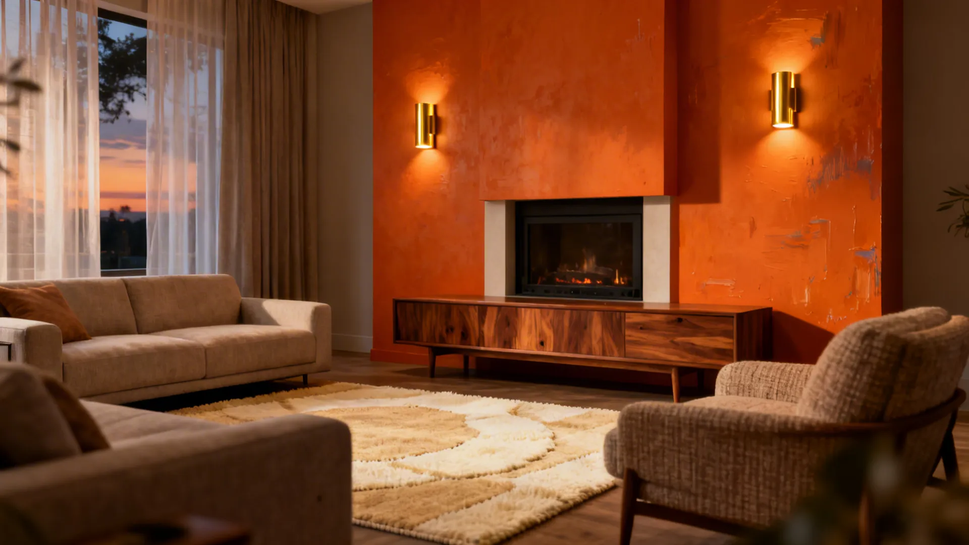 Living room with a burnt orange accent wall and fireplace lit by warm sconces