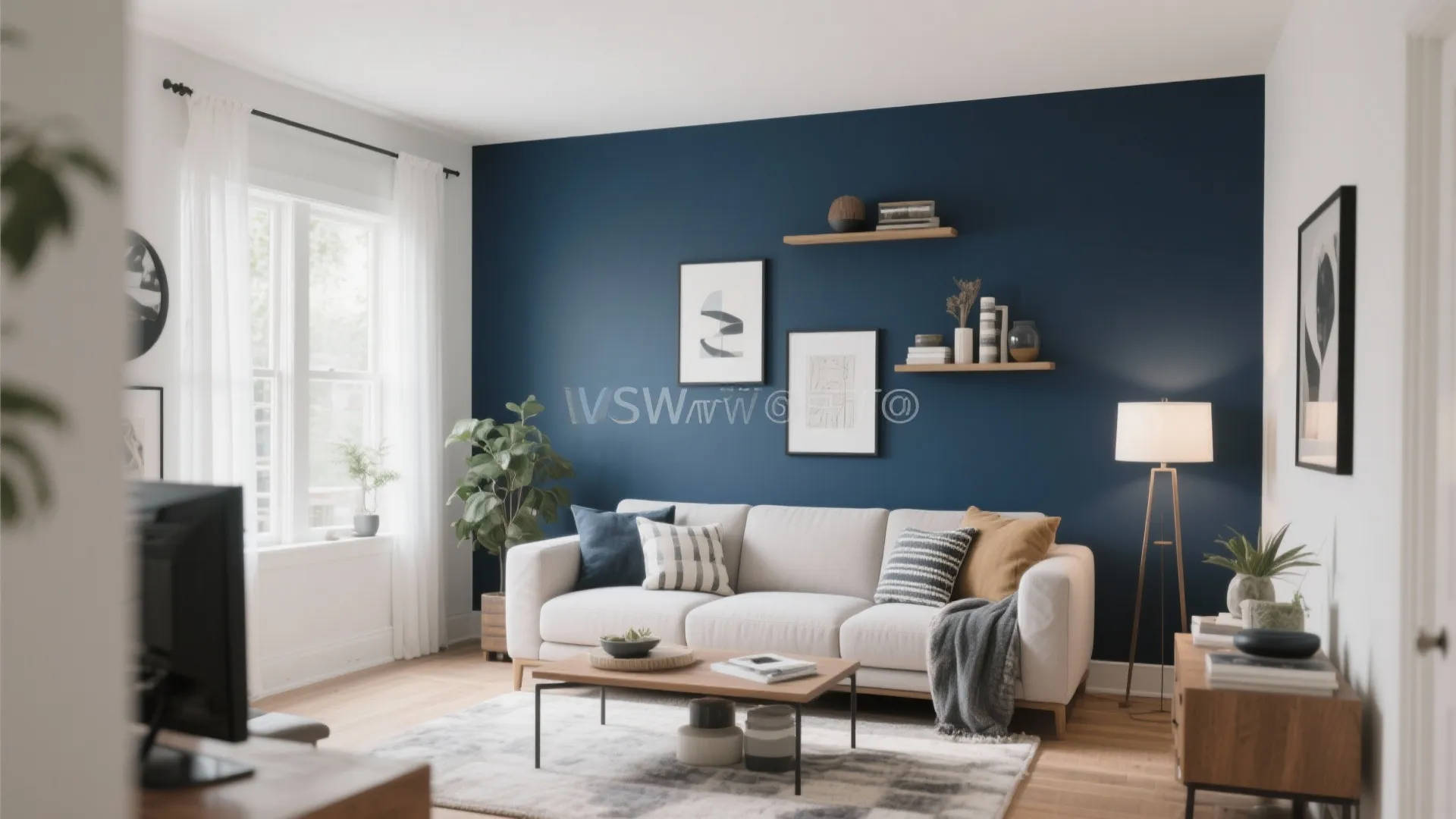 Living room with blue wall behind a white sofa featuring several pillows and wall shelves