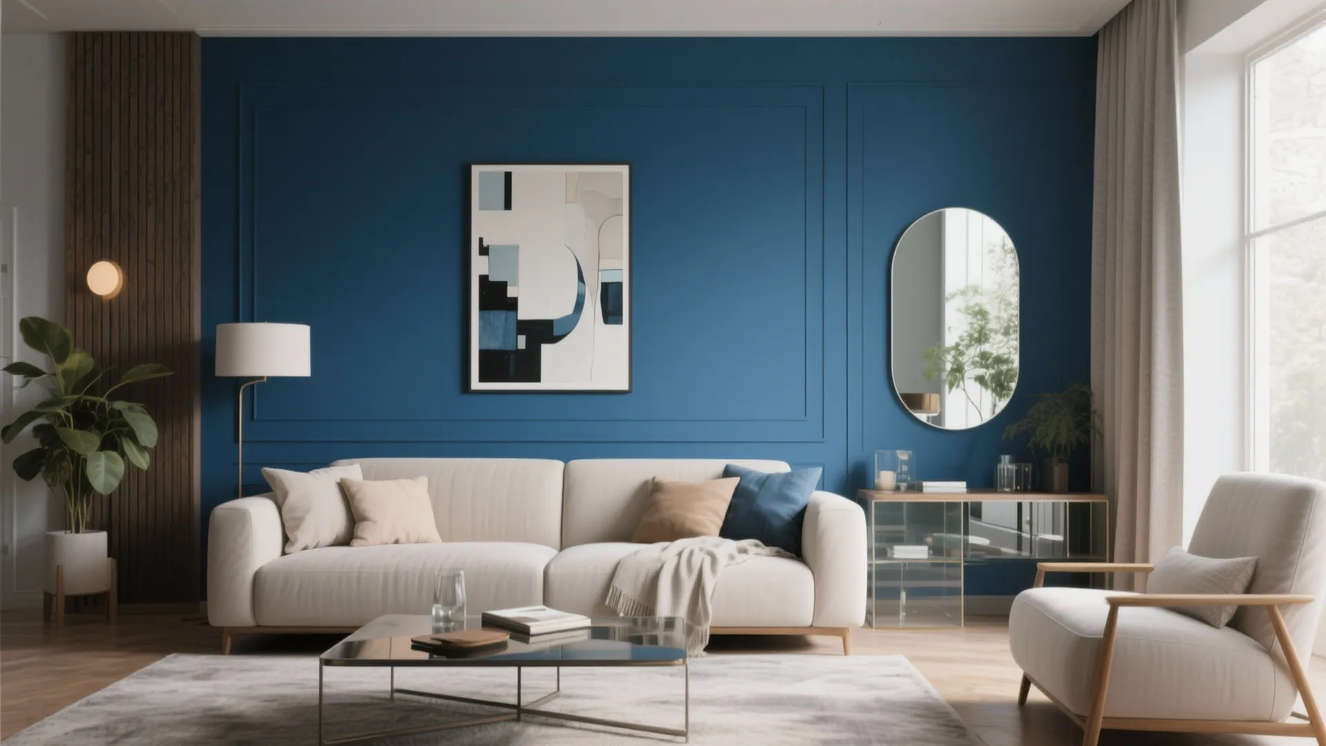 Living room with blue accent wall, white sofa, painting, oval mirror, lamp, and indoor plants