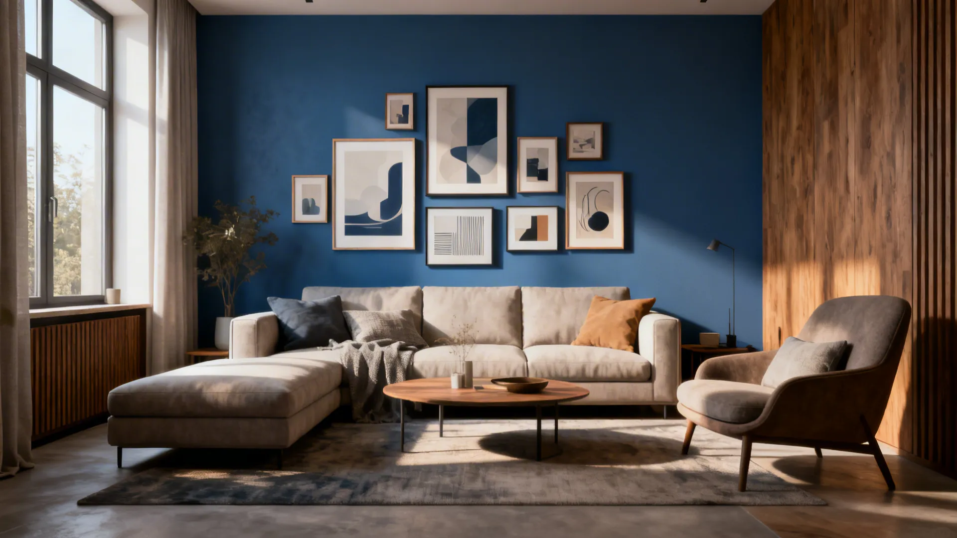 Blue accent wall with picture frames above beige sofa with wooden coffee table and chair