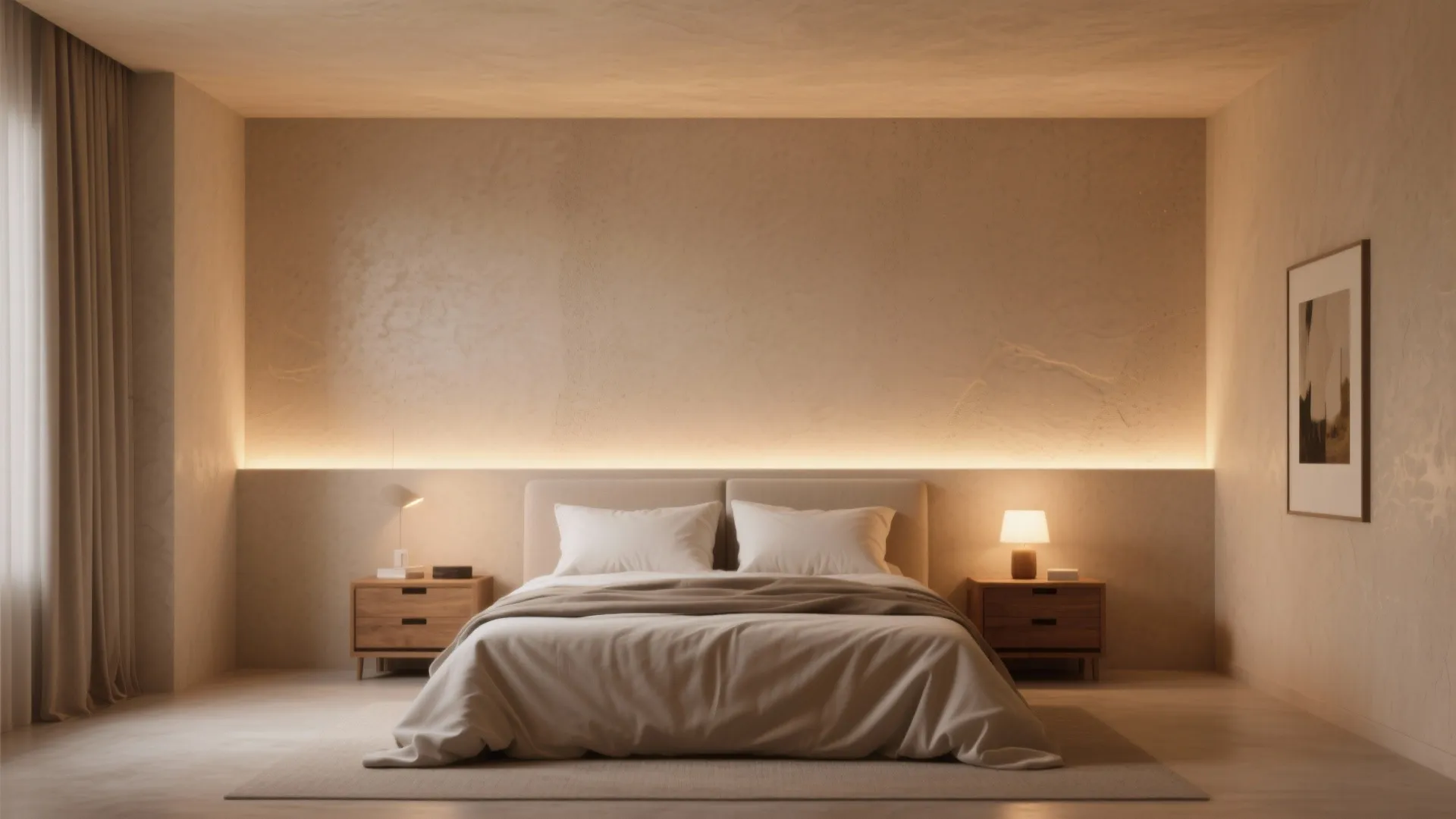 Modern bedroom with beige textured accent wall featuring hidden warm light strips and bedside lamps