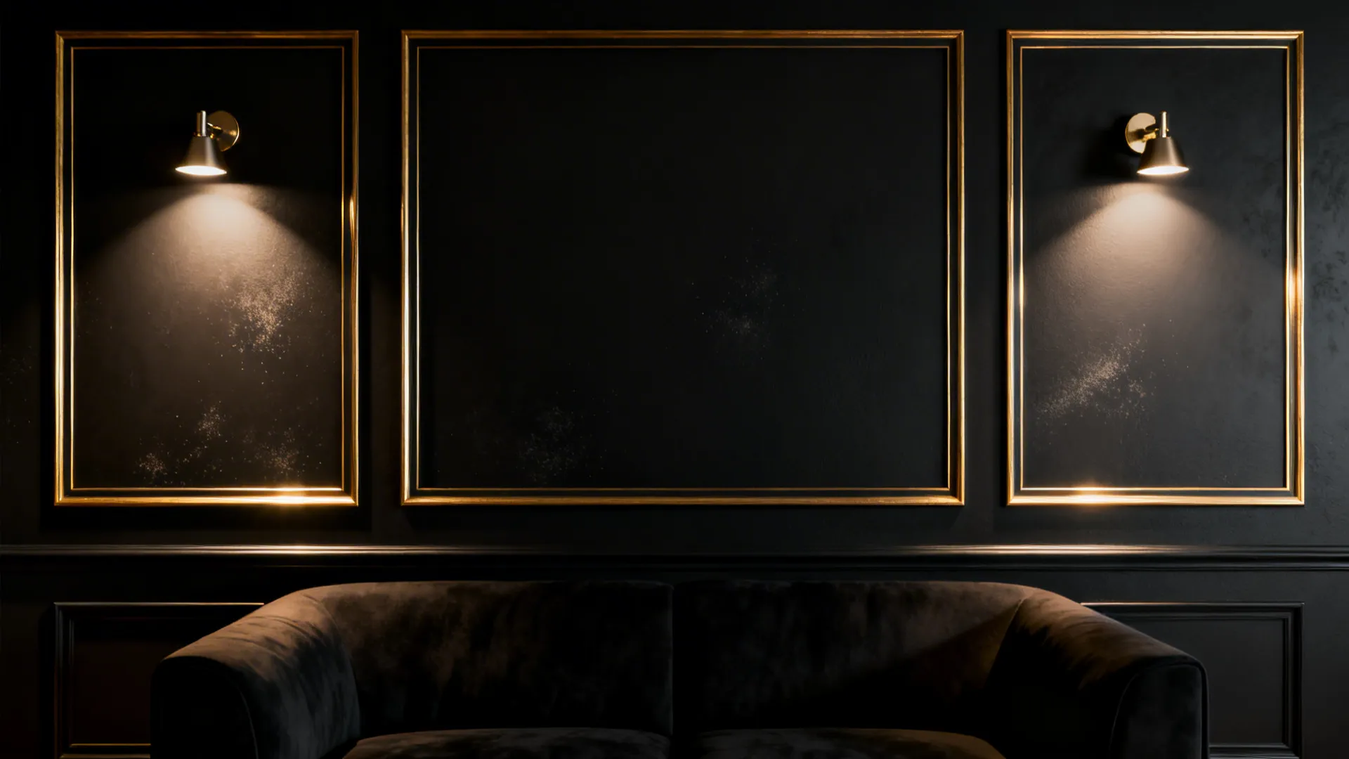 Deep matte black accent wall with thin gold picture-frame molding and balanced wall washers.