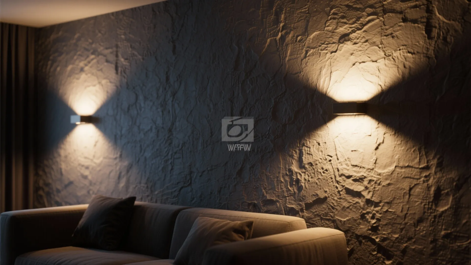 Living room with grey sofa and textured wall featuring warm wall lights creating cross patterns