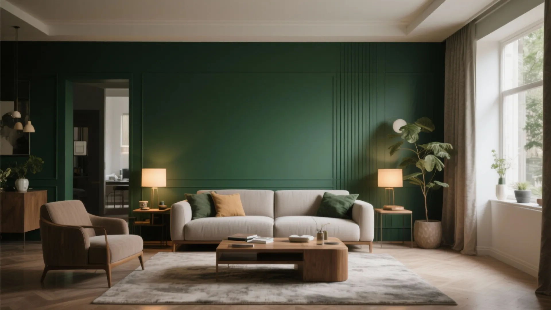Living room with deep green painted accent wall