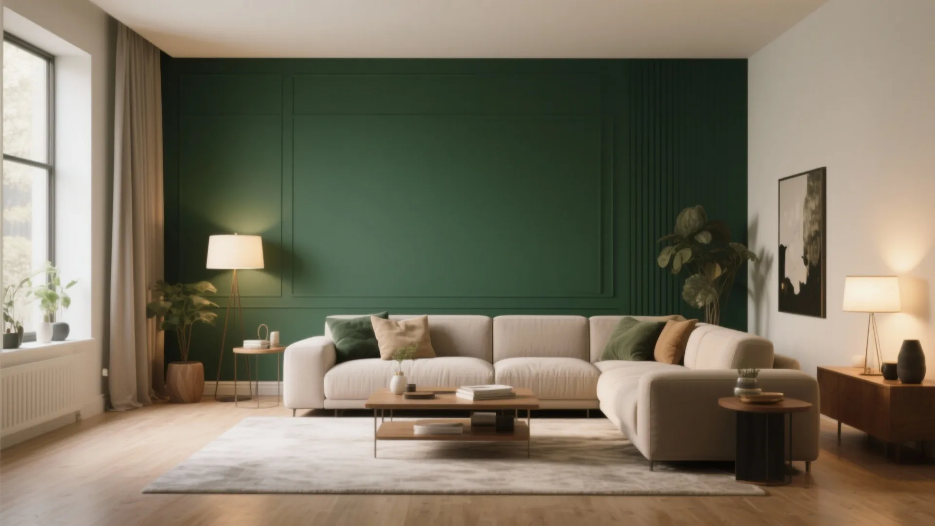 Modern living room featuring green accent wall behind white sofa with coffee table and floor