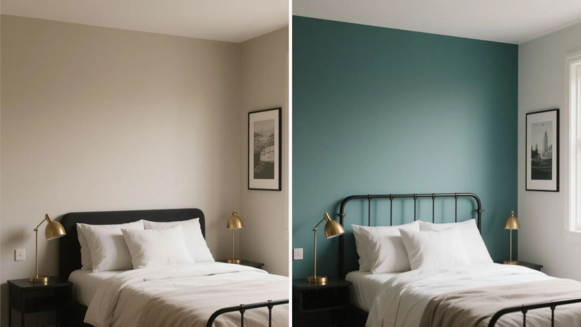 Before and after comparison of a bedroom showing neutral beige paint versus a teal accent wall