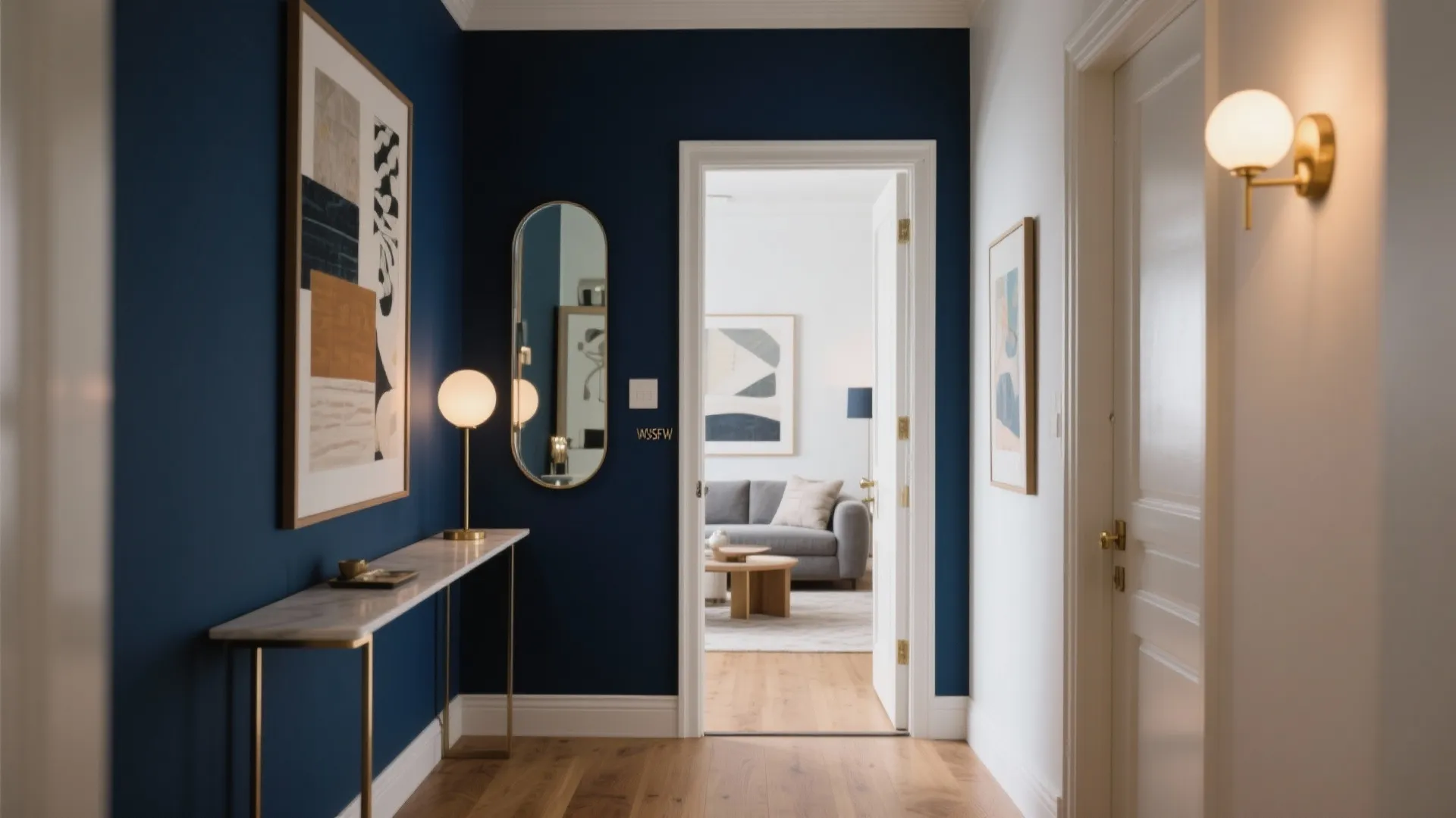 Blue hallway with marble table, gold lamp, oval mirror, wall light, and grey sofa view