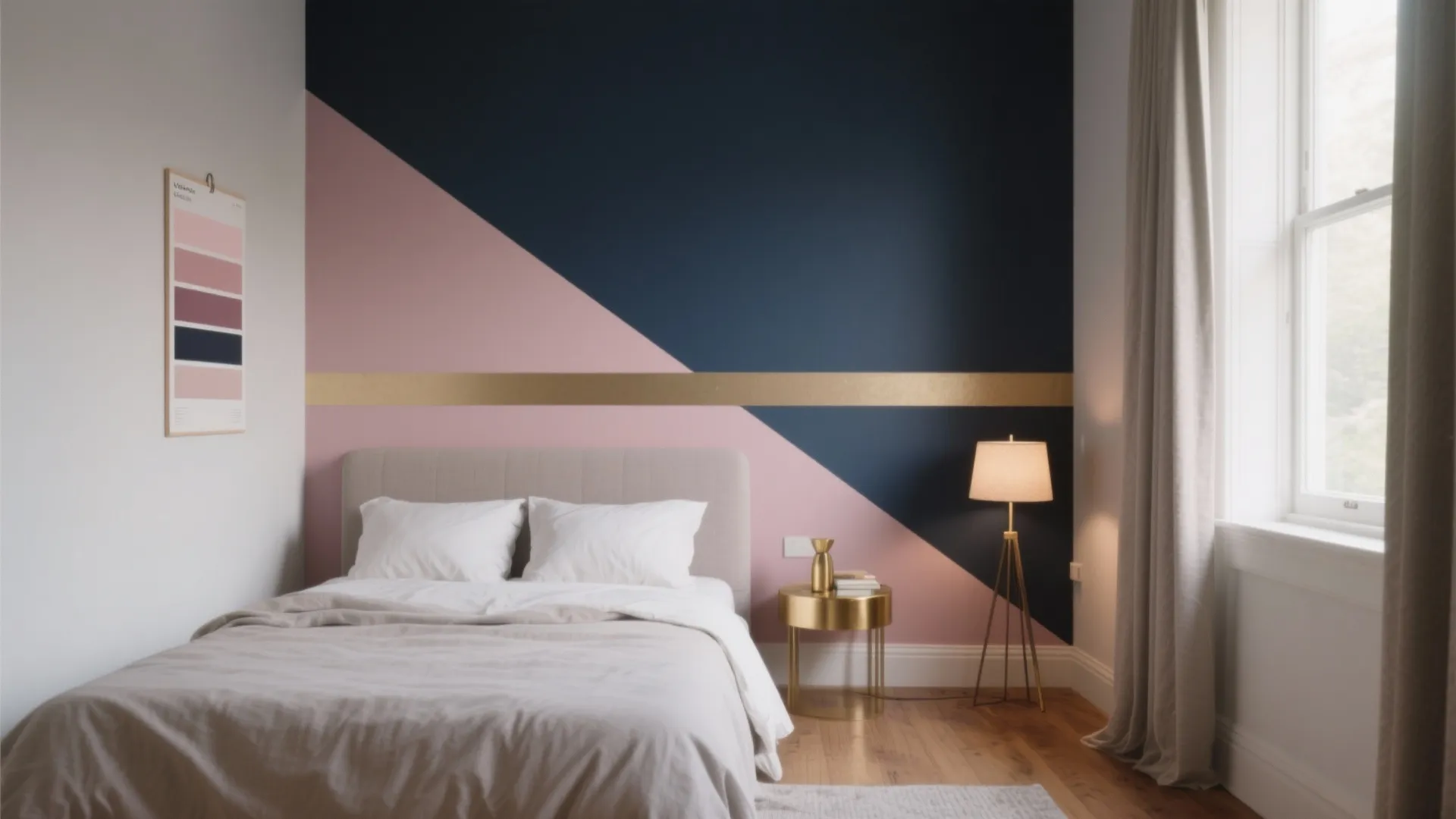 Modern bedroom with geometric pink and navy wall gold stripe bed bedside table and lamp