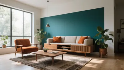 Mid-Century Modern Living Room with Teal Accent Wall