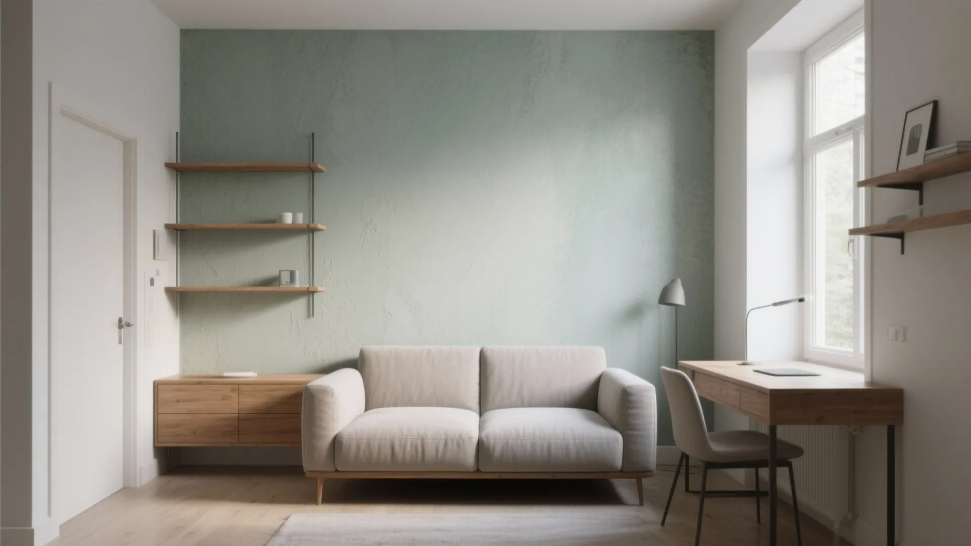 Modern living room featuring a green accent wall with wooden shelves and a beige sofa