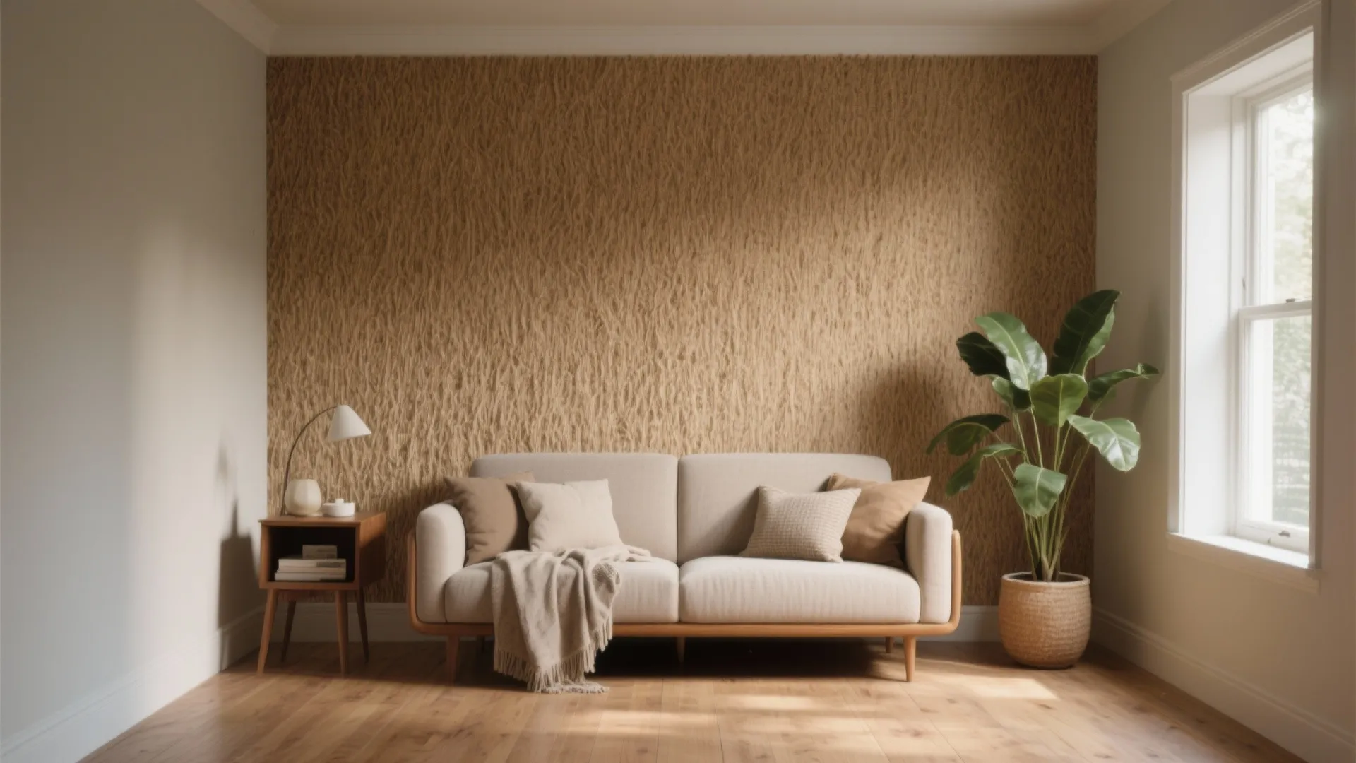 Living room with textured brown accent wall beige sofa wooden floor side table and plant