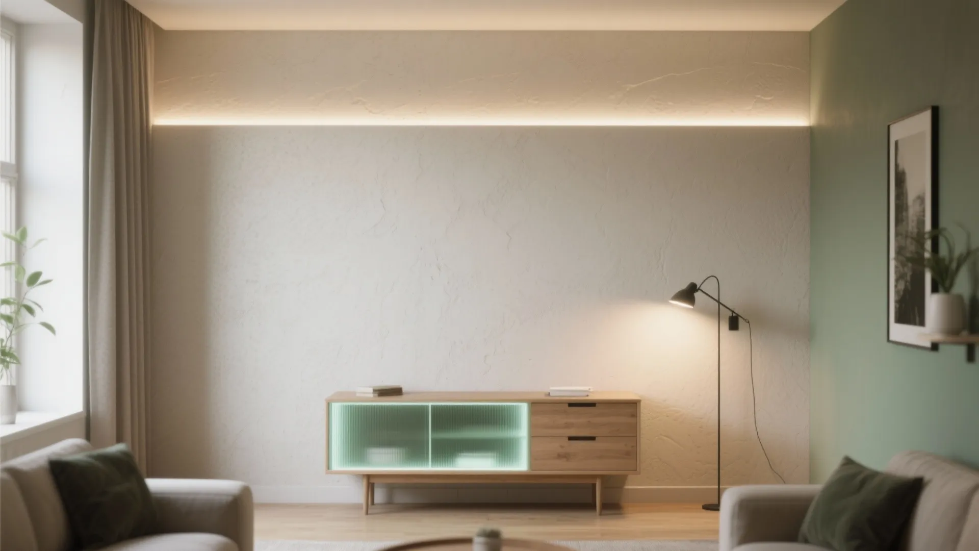 Minimalist living room with wooden cabinet black floor lamp and strip light on textured wall