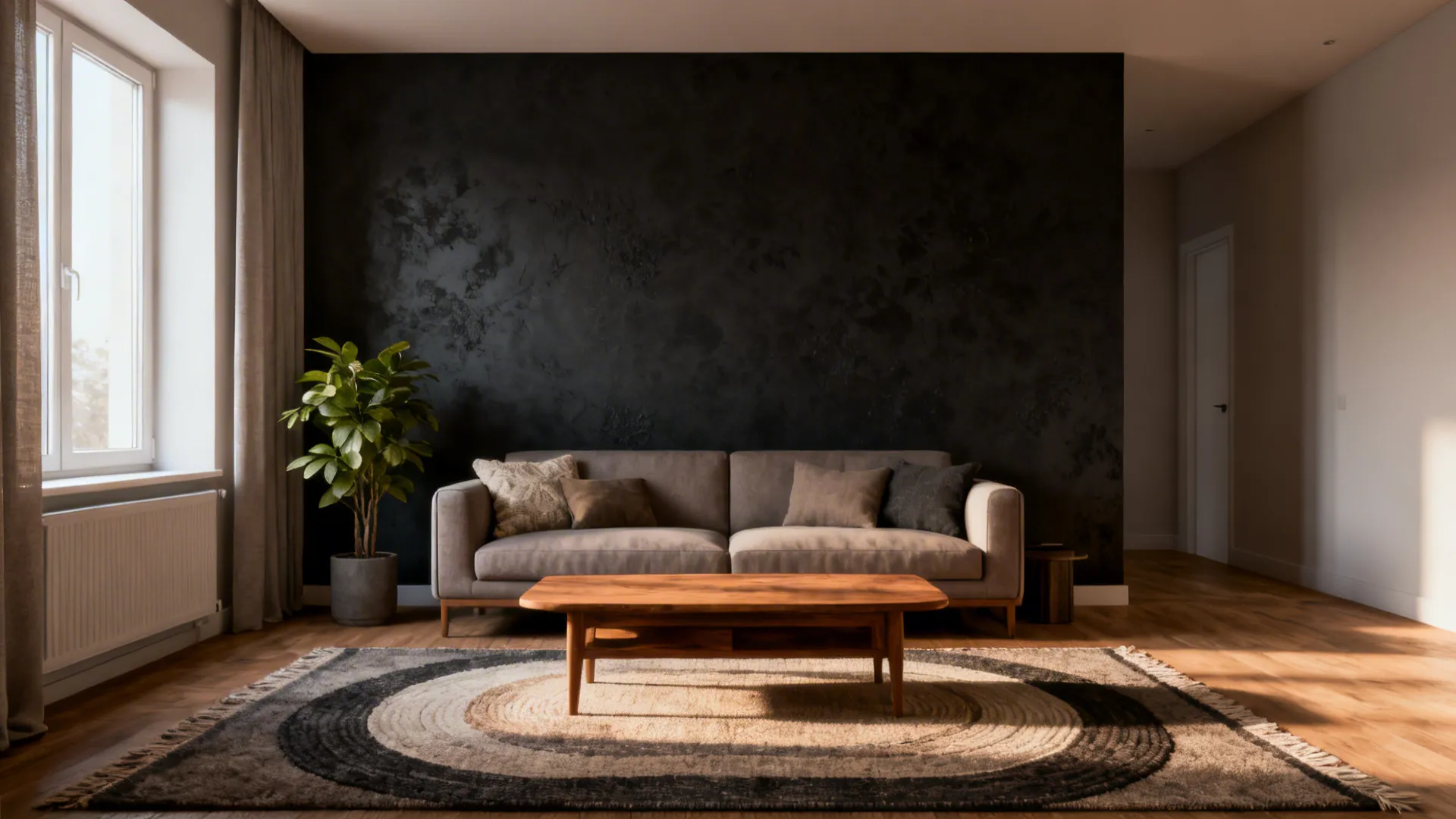 Modern living room with black textured wall grey sofa wooden table rug and potted plant