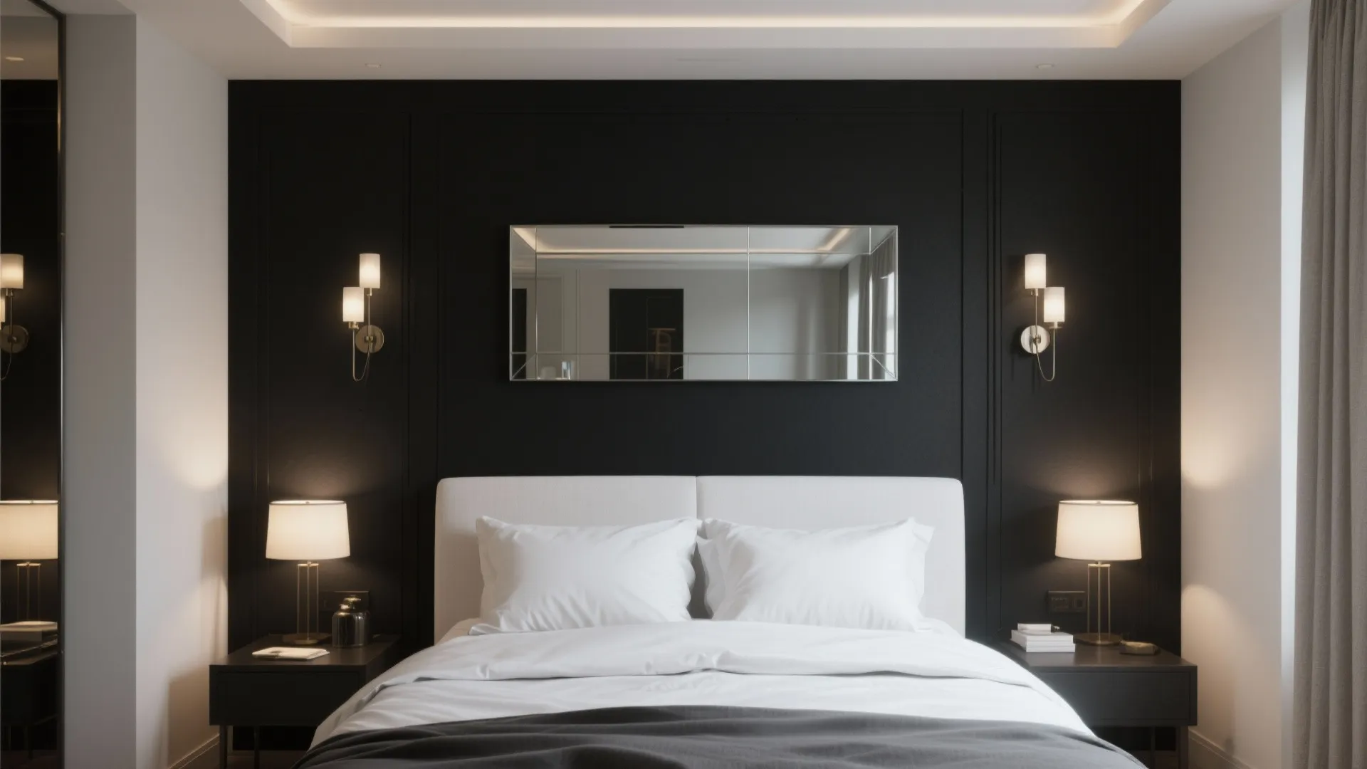 Modern bedroom featuring a black accent wall with white bed and warm wall light fixtures