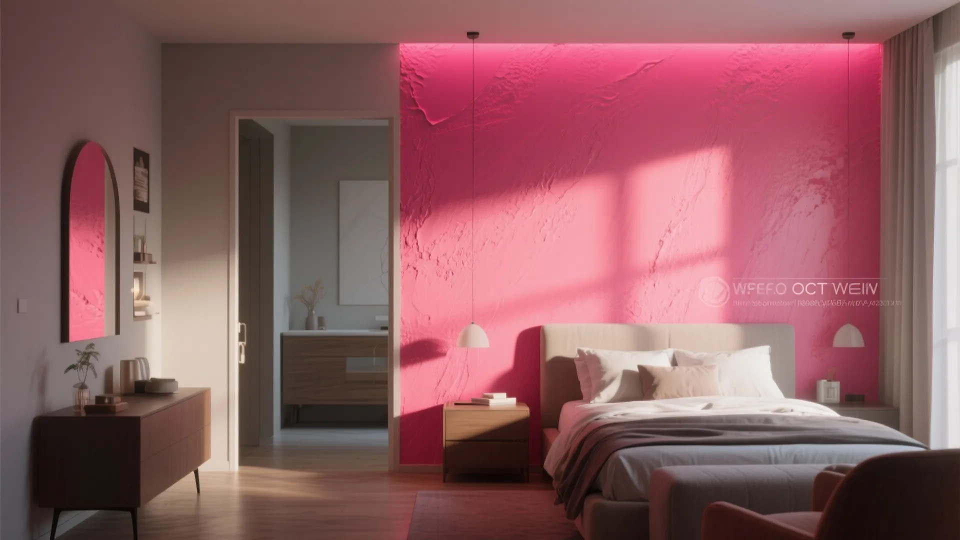 Room with a single neon coral accent wall and neutral surroundings showing big visual impact