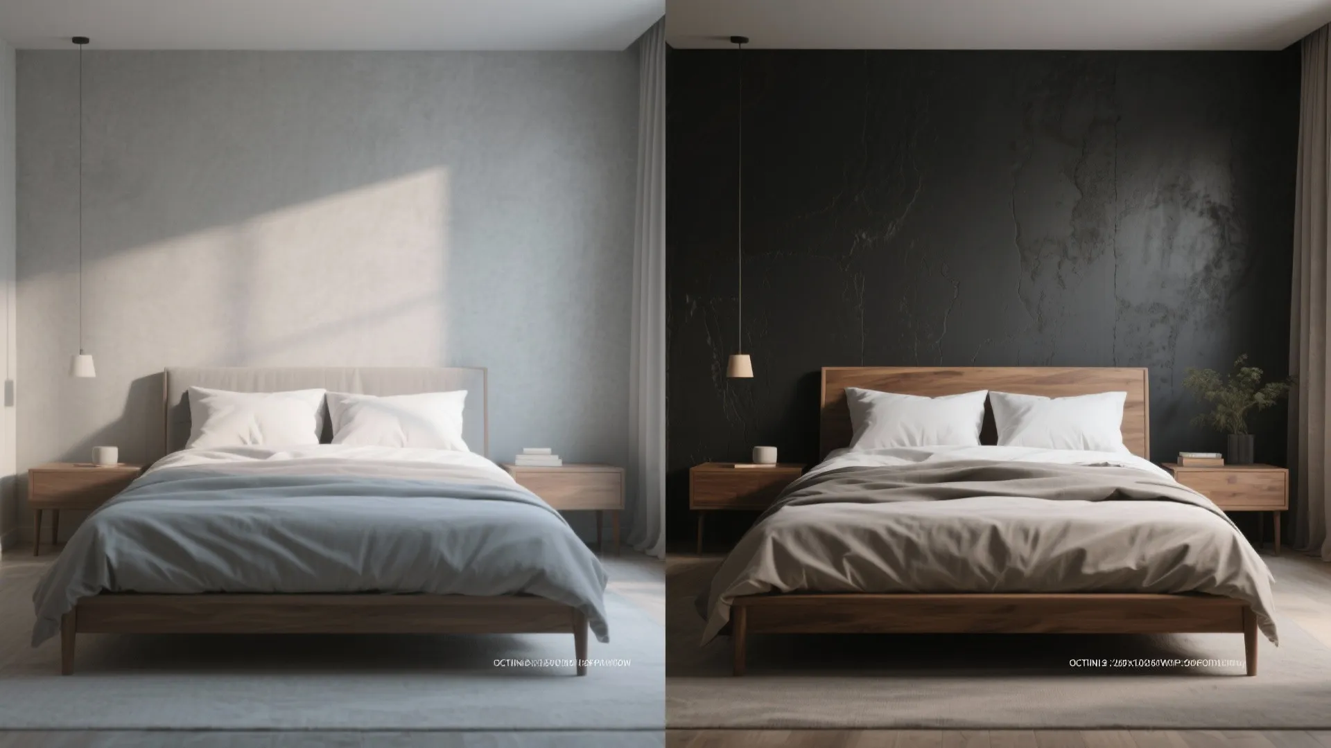 Comparison of a bedroom with a light grey wall and a dark black wall finish