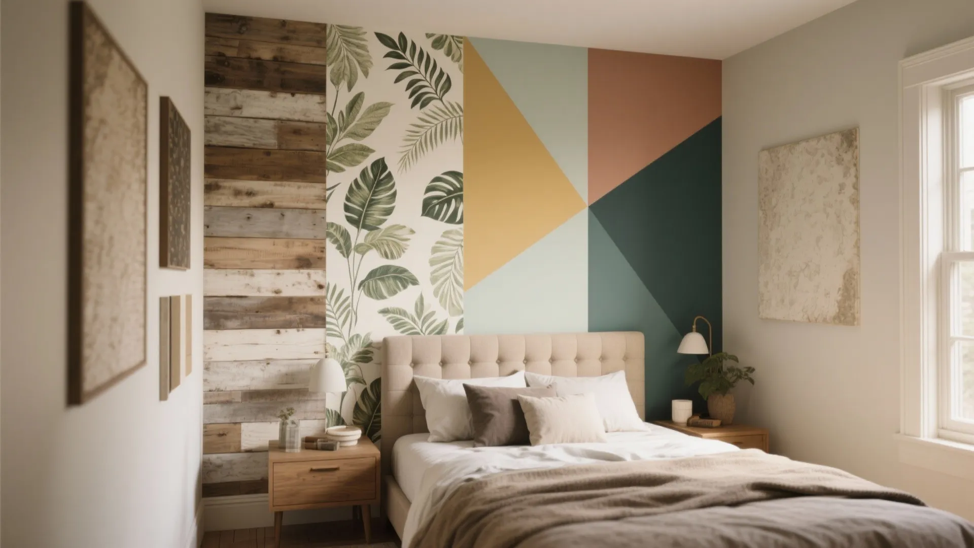 Bedroom wall with three different designs including wood panels leaf patterns and colorful geometric shapes