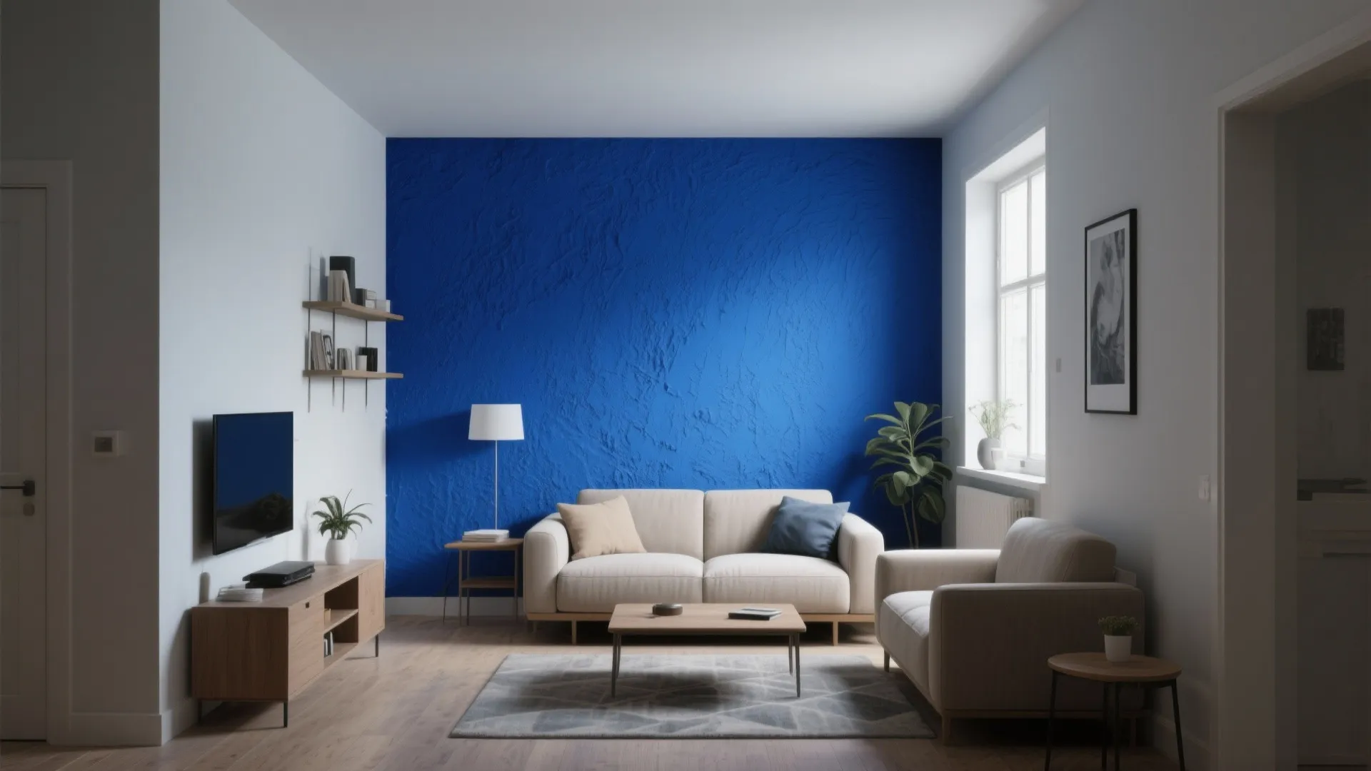 Modern living room with a textured blue accent wall beige sofa wooden table and natural light
