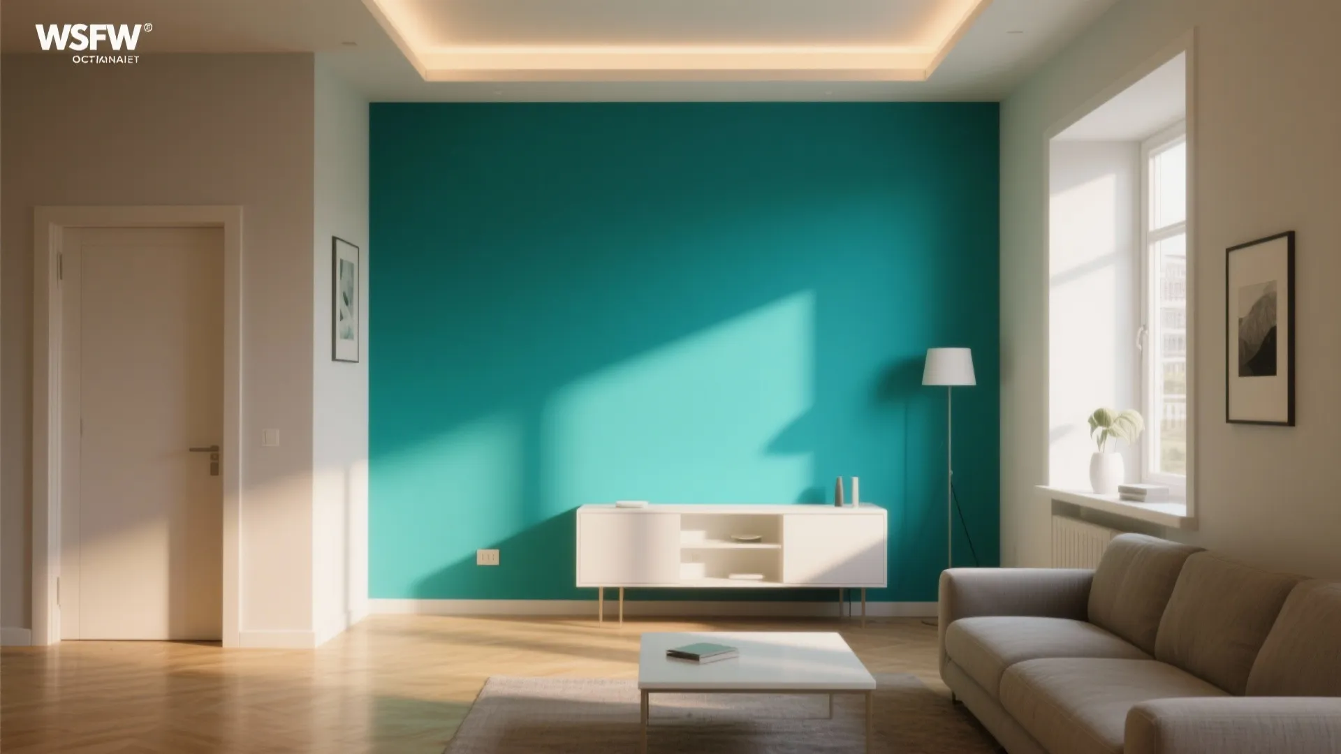 Modern living room with a bright teal wall white cabinet grey sofa and wooden floor