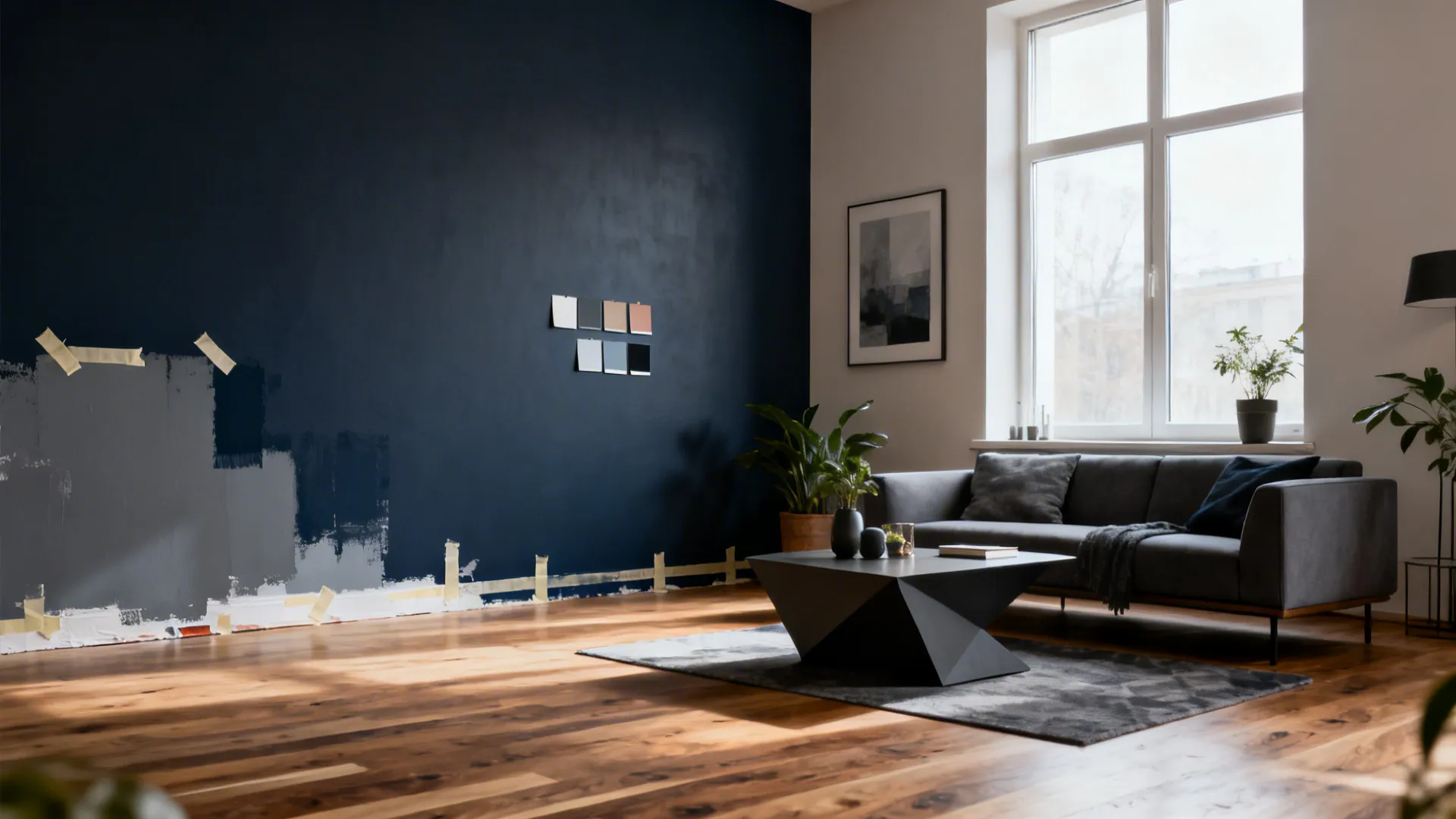 Small living room with a single deep-colored accent wall and clean paint edges.