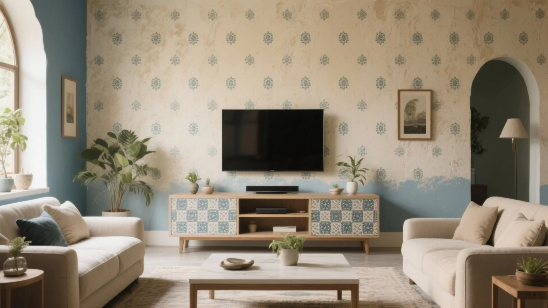 Living room with blue patterned wallpaper behind a wooden cabinet and television with white sofas
