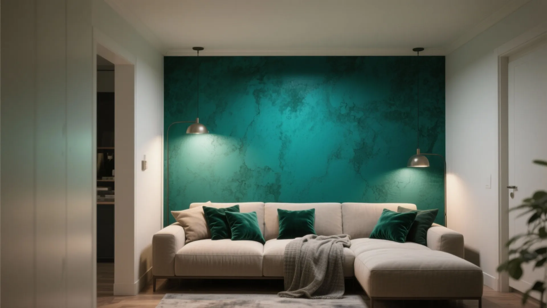 Modern living room with a green wall behind a white sofa with several green pillows