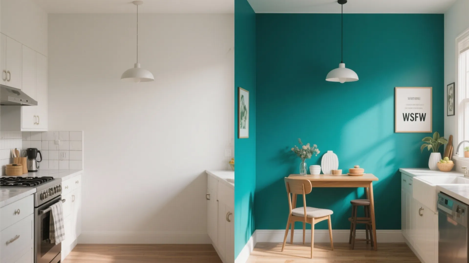 Comparison of a plain white kitchen wall versus a bright teal accent wall with table