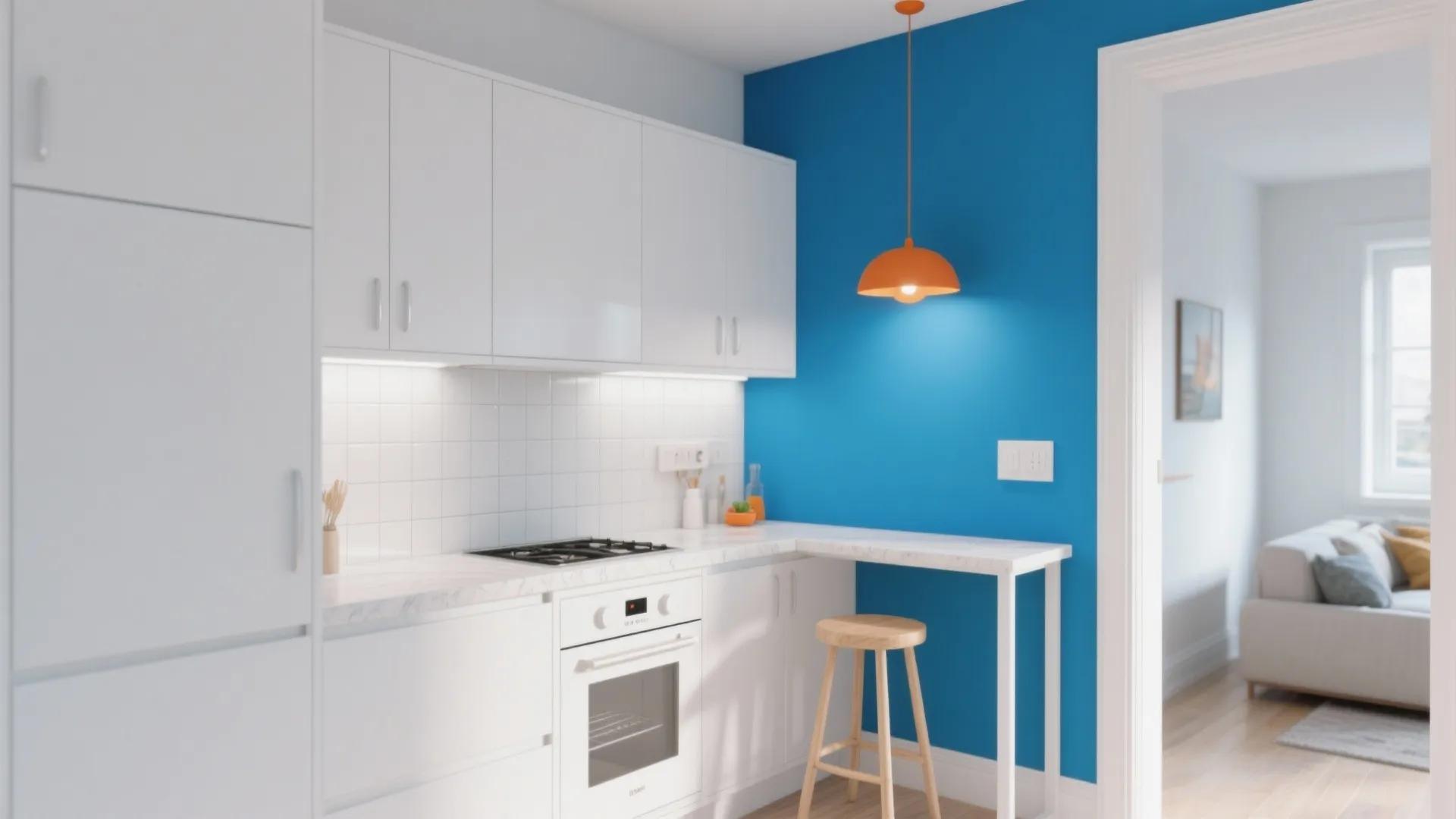 All-white small kitchen with a single bold cobalt accent wall visible from the living area for curated color impact.