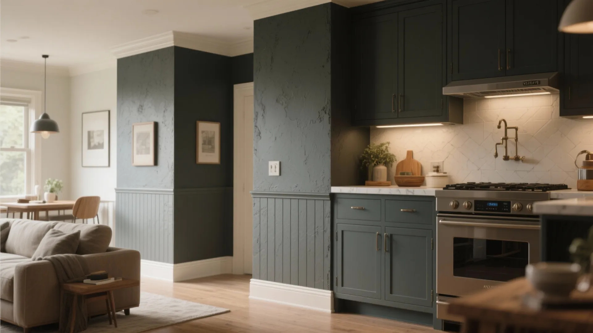 Kitchen with a durable painted plaster accent wall that coordinates with cabinets and beadboard trim.