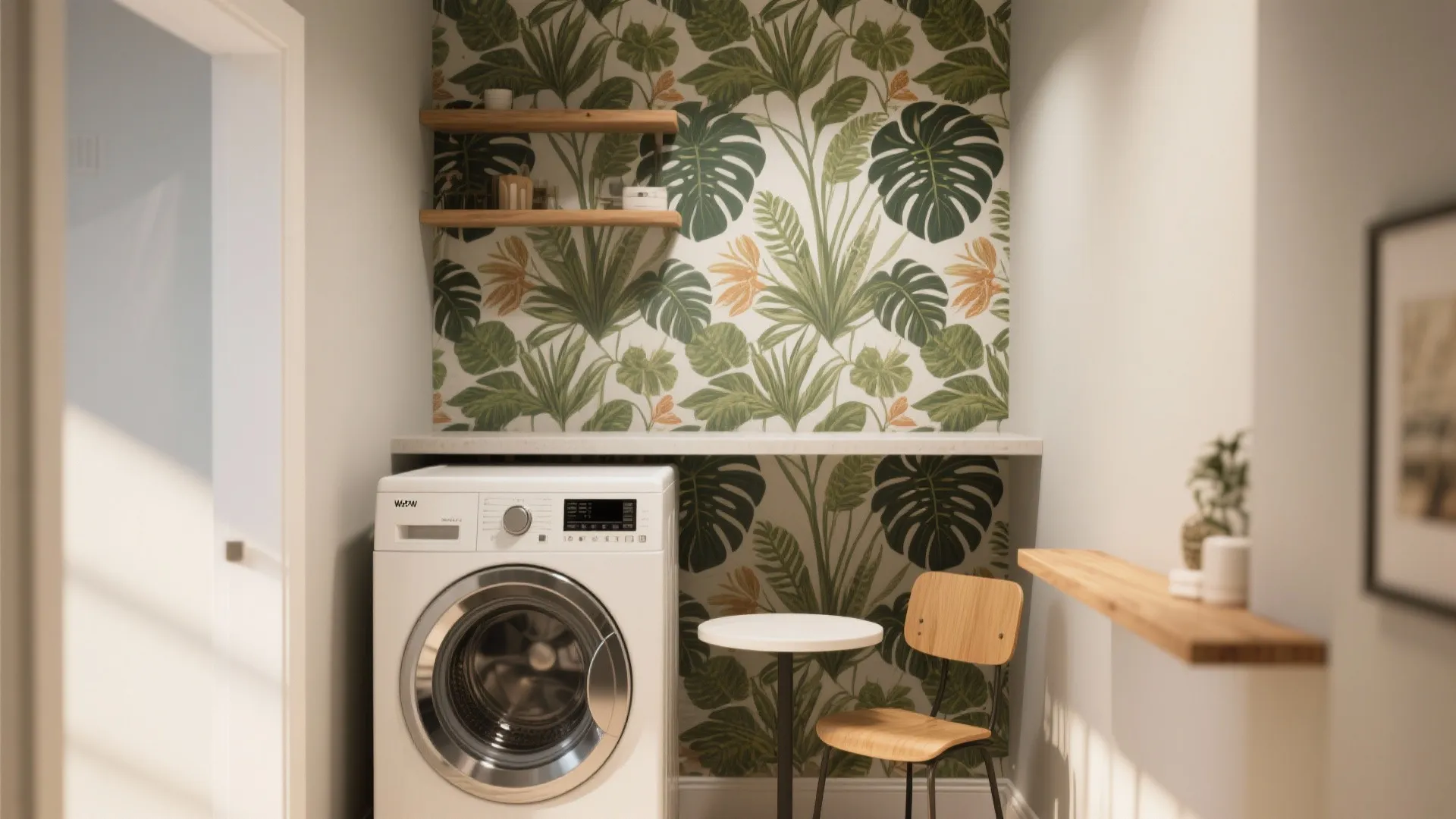 Small laundry area with leaf pattern wallpaper white washing machine wooden shelves and small chair