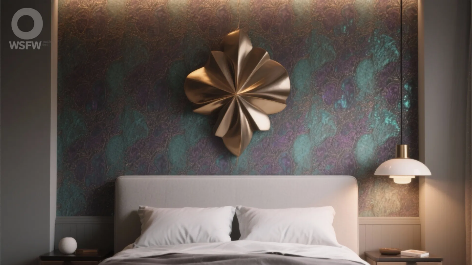 Modern bedroom with textured purple wallpaper a gold wall decoration white pillows and hanging light