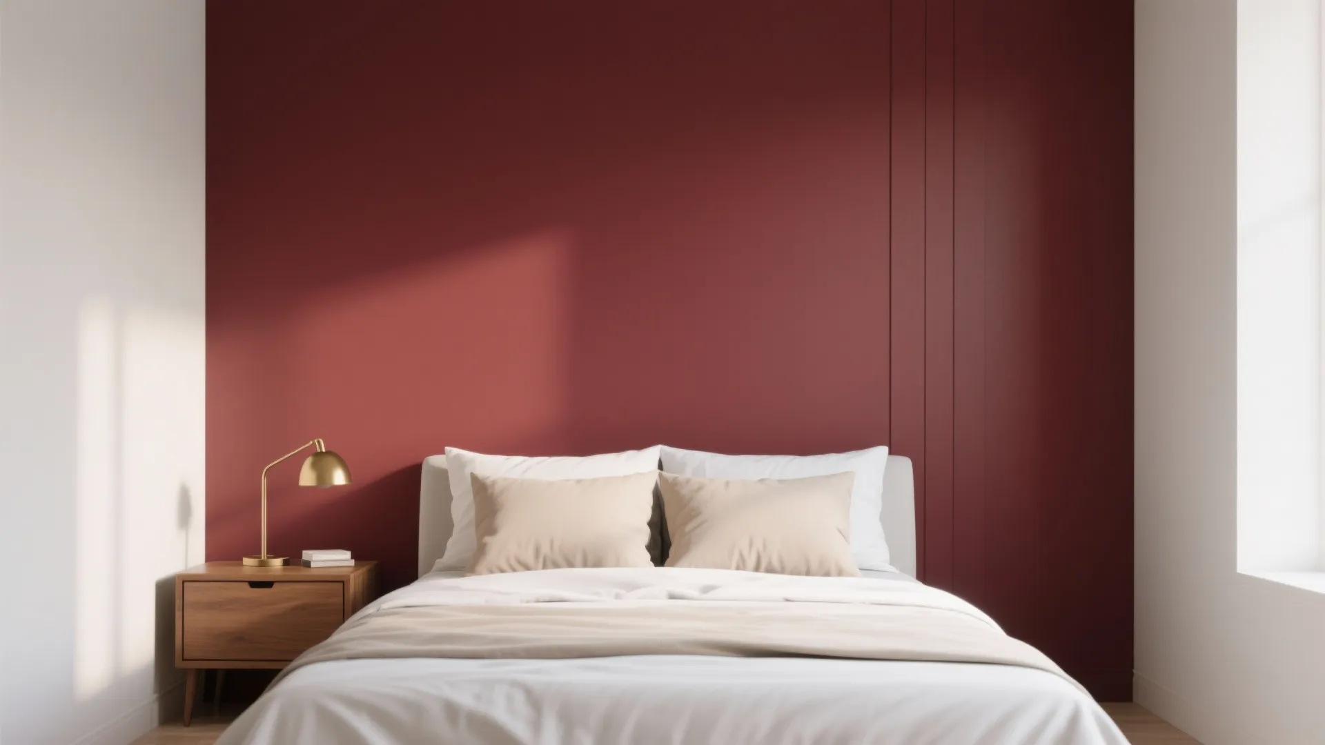 1. Maroon Accent Wall with Light Bedding