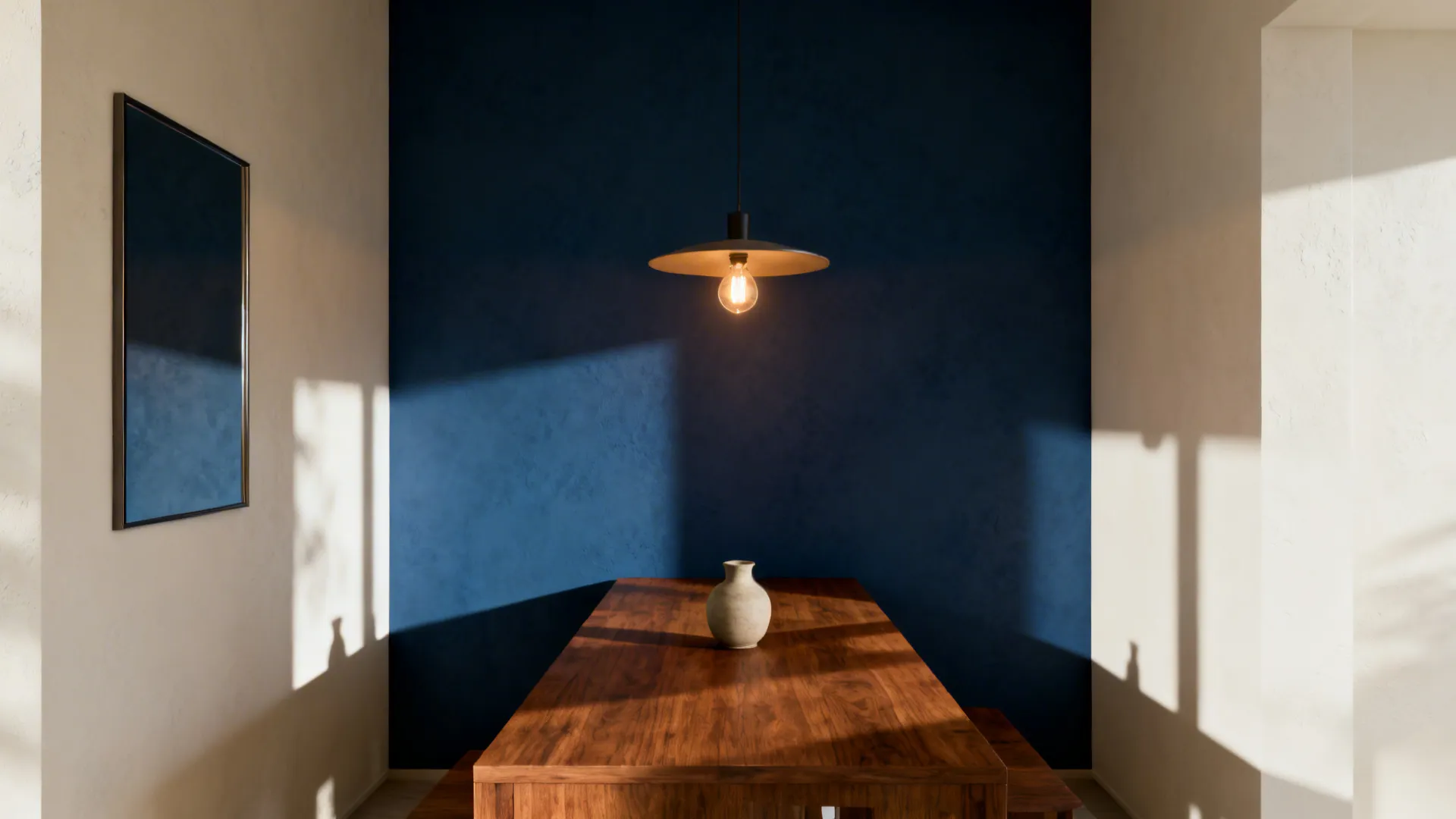 Dining nook with a single deep accent wall and light surrounding walls, table in front.