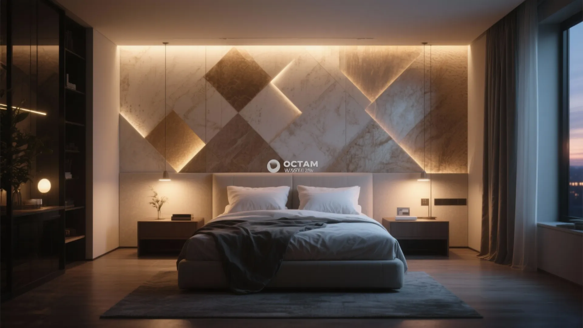 Luxury bedroom with geometric patterned wall panels, integrated warm lighting, bedside tables, and dark curtains